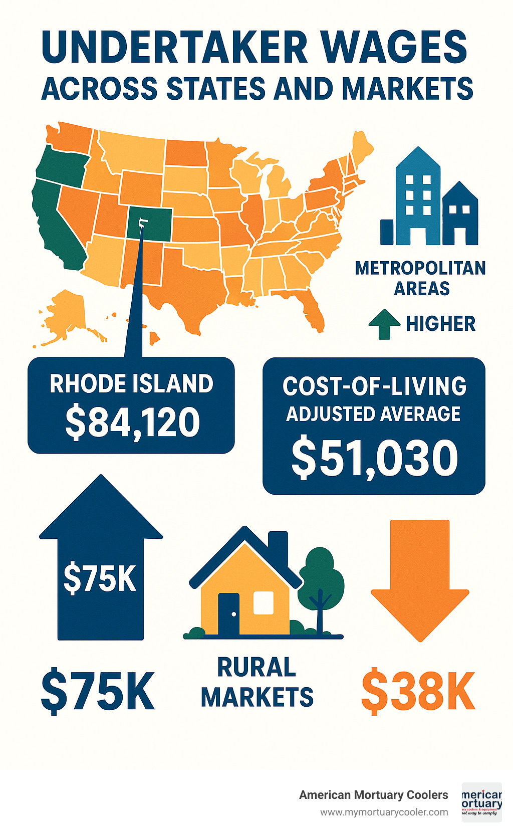 Salary comparison infographic showing undertaker wages across different states, metropolitan areas, and rural markets, with cost of living adjustments - undertaker job infographic 