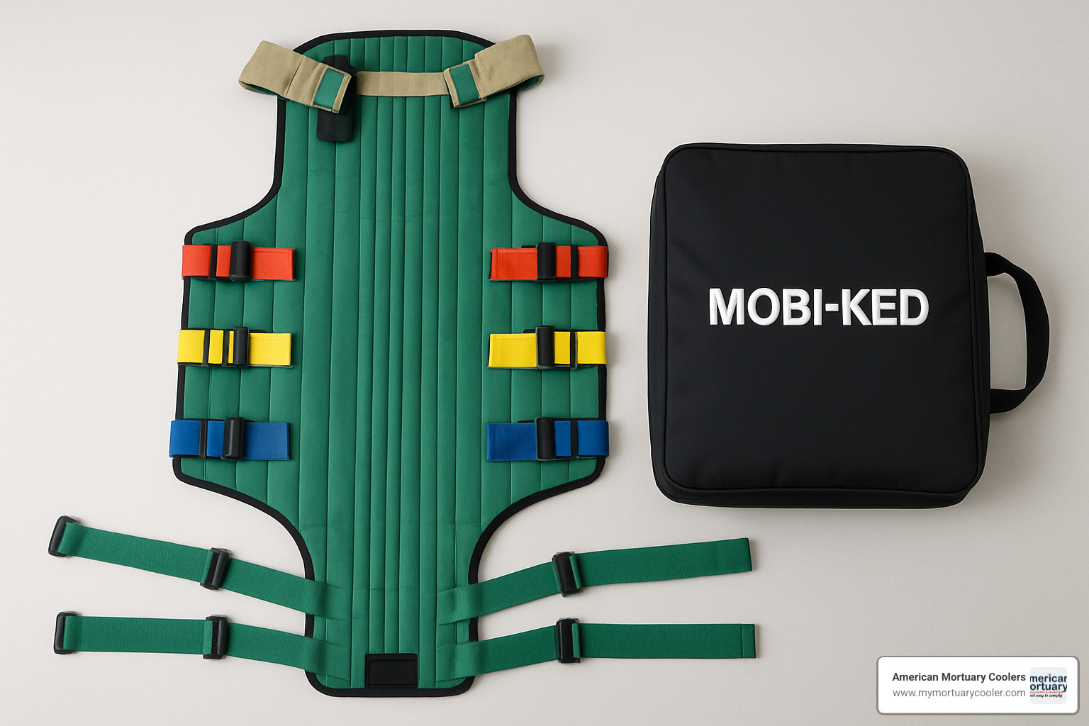 MOBI-KED device with carrying case showing compact storage and color-coded straps - ked' www.medicalstretchers.com