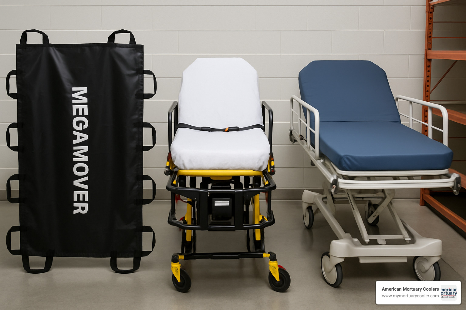 Various transport equipment including MegaMover and mattress cots arranged for comparison - ked' www.medicalstretchers.com