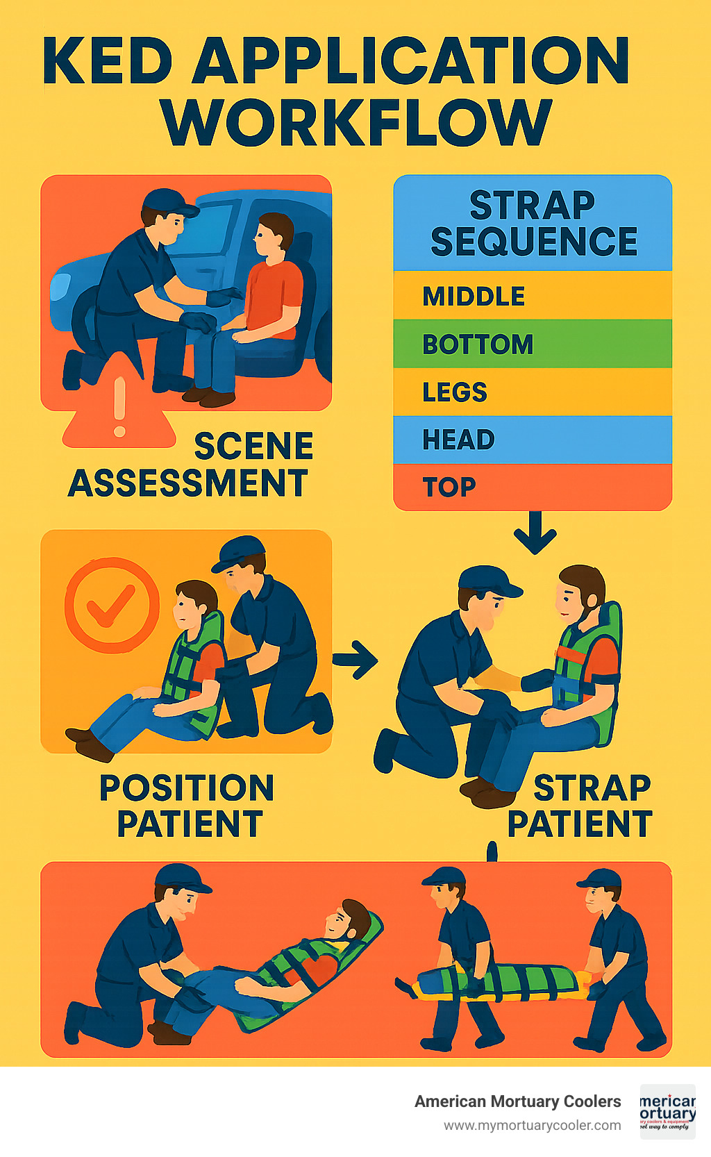 Infographic showing KED application workflow from scene assessment through patient transport, including strap sequence, positioning steps, and safety checkpoints - ked' www.medicalstretchers.com infographic 
