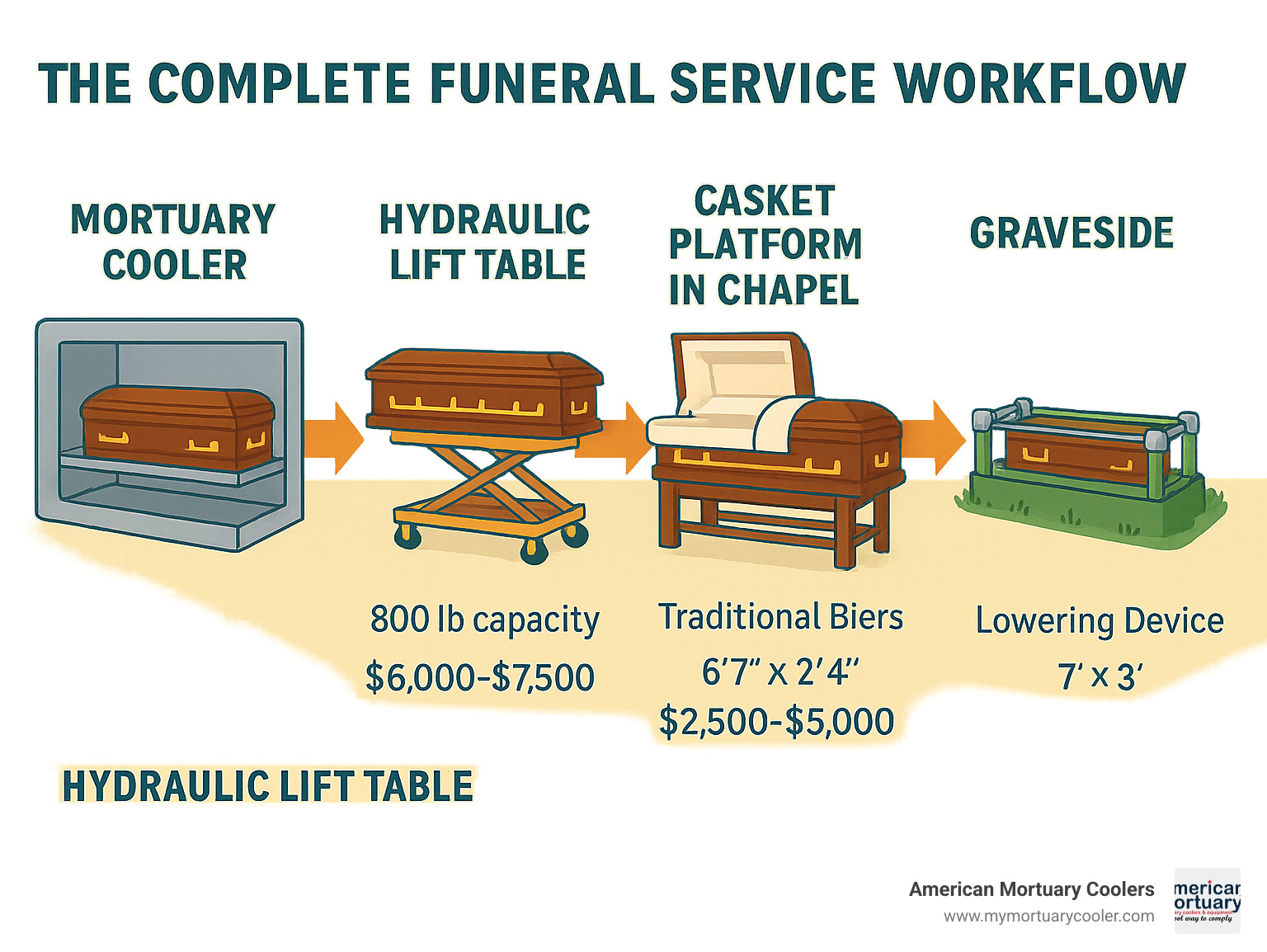 Detailed infographic showing the complete funeral service workflow from mortuary cooler storage through casket platform display in chapel to final graveside lowering device, with specifications for each platform type including dimensions, weight capacities, and price ranges - platforms for caskets infographic 