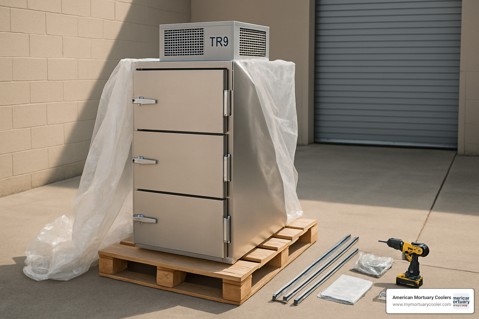 TR3 delivery setup showing unit arriving on pallet with installation components organized for quick assembly - American Mortuary Coolers TR3