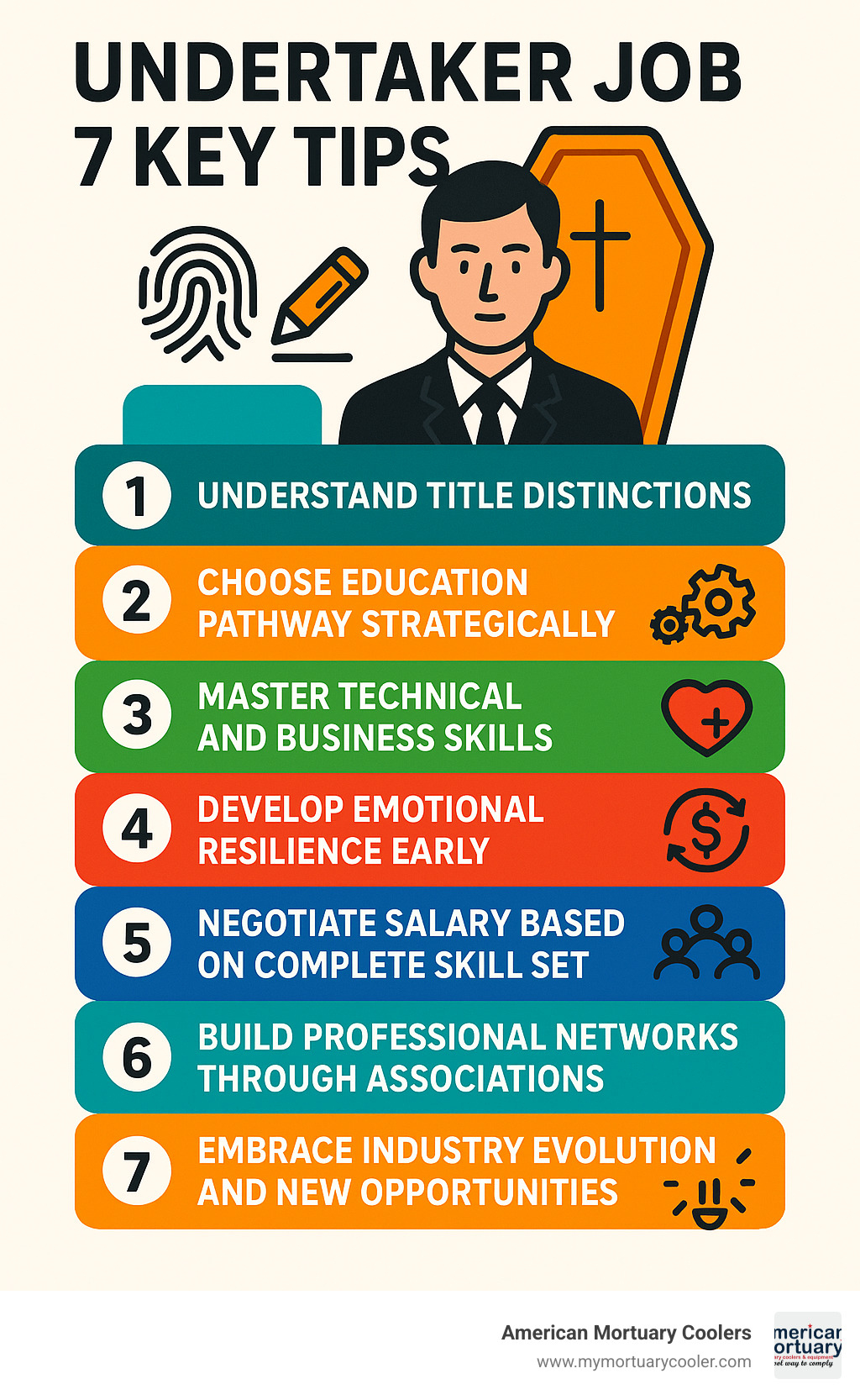 Summary infographic highlighting the 7 key undertaker job tips: 1) Understand title distinctions for better positioning, 2) Choose education pathway strategically, 3) Master both technical and business skills, 4) Develop emotional resilience early, 5) Negotiate salary based on complete skill set, 6) Build professional networks through associations, 7) Accept industry evolution and new opportunities - undertaker job infographic 