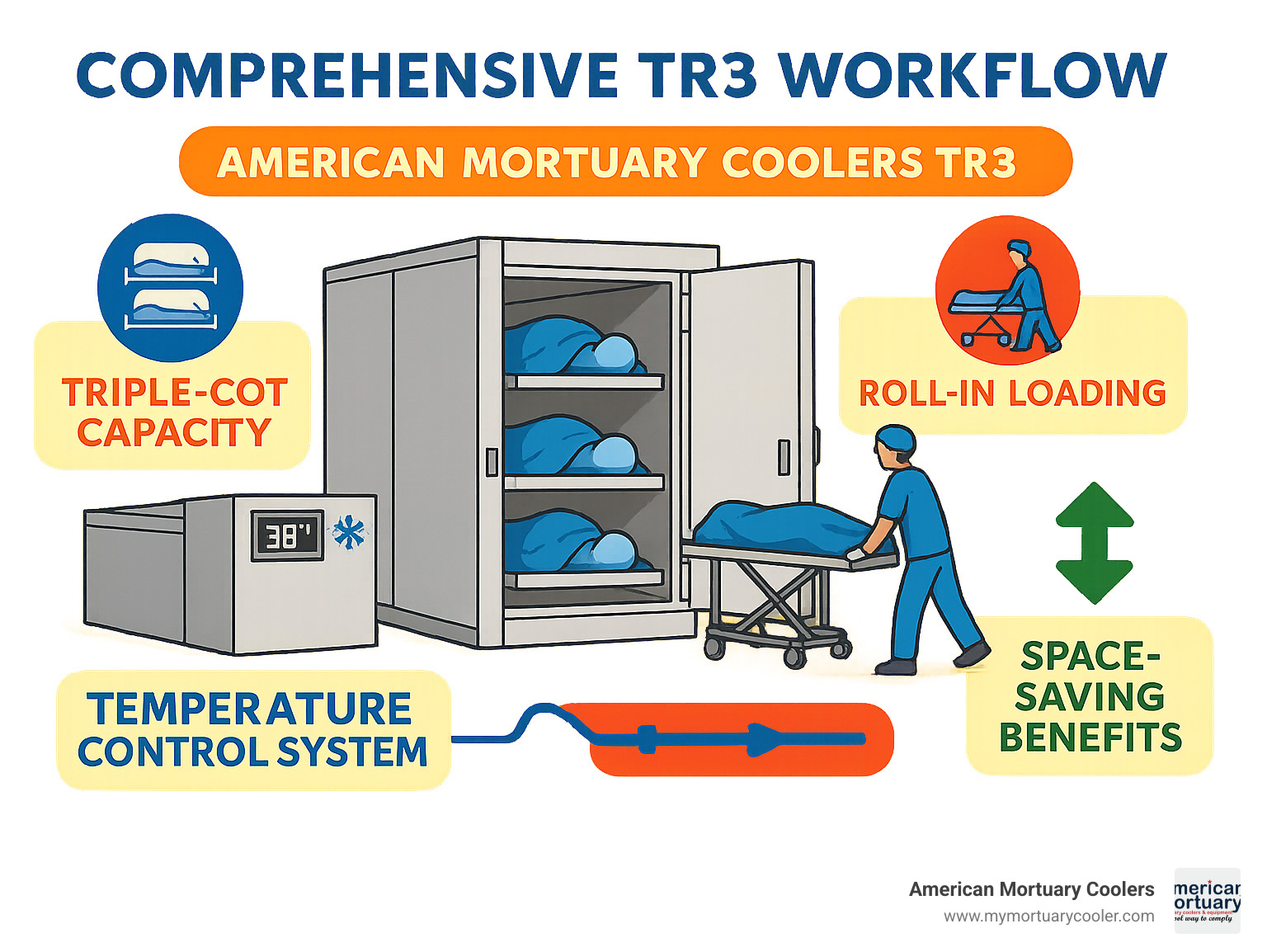 Comprehensive TR3 workflow diagram showing triple-cot capacity, roll-in loading mechanism, temperature control system, and space-saving benefits for funeral home operations - American Mortuary Coolers TR3 infographic 