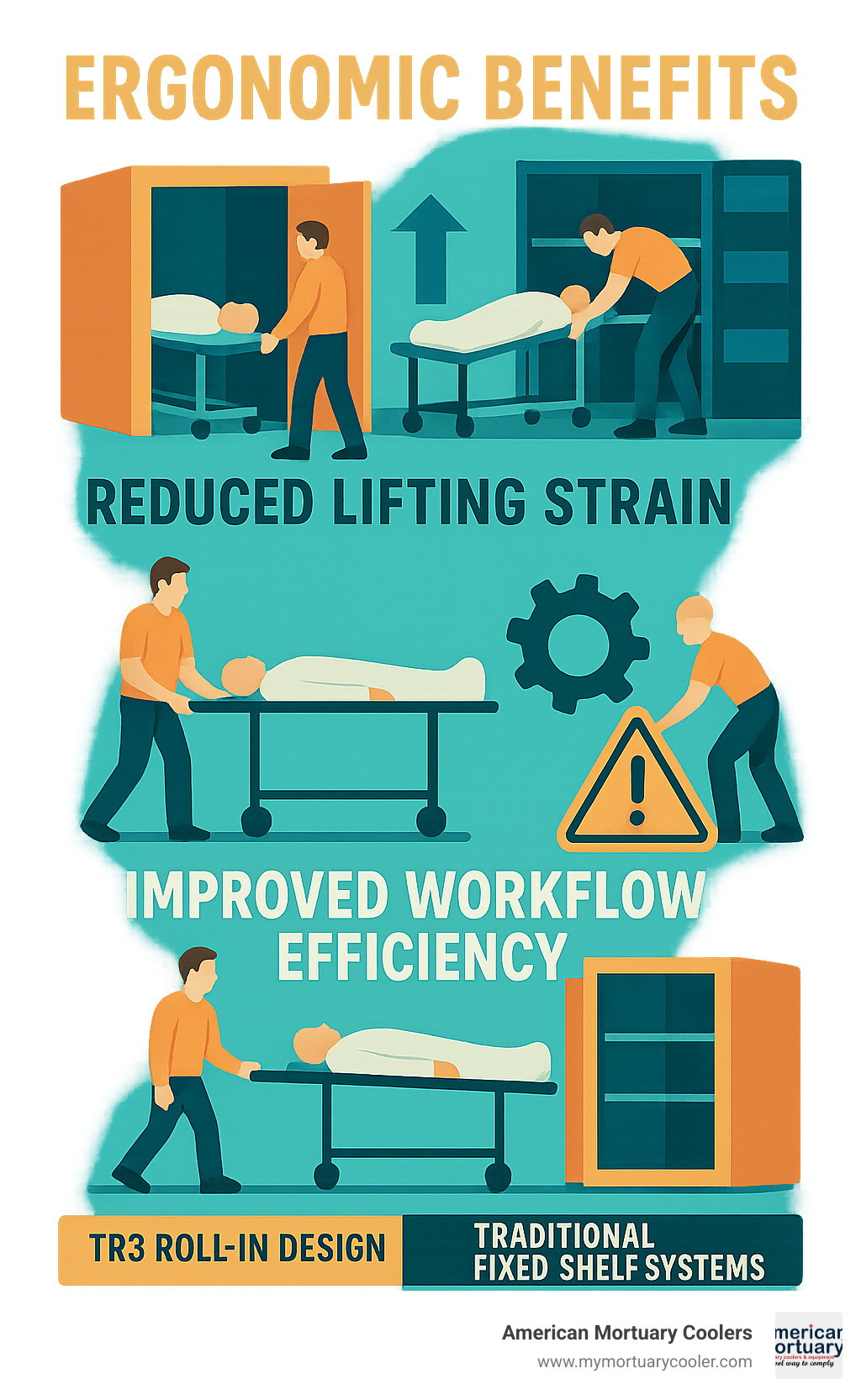 Ergonomic benefits diagram illustrating reduced lifting strain, improved workflow efficiency, and safety advantages of the TR3 roll-in design compared to traditional fixed-shelf systems - American Mortuary Coolers TR3 infographic 