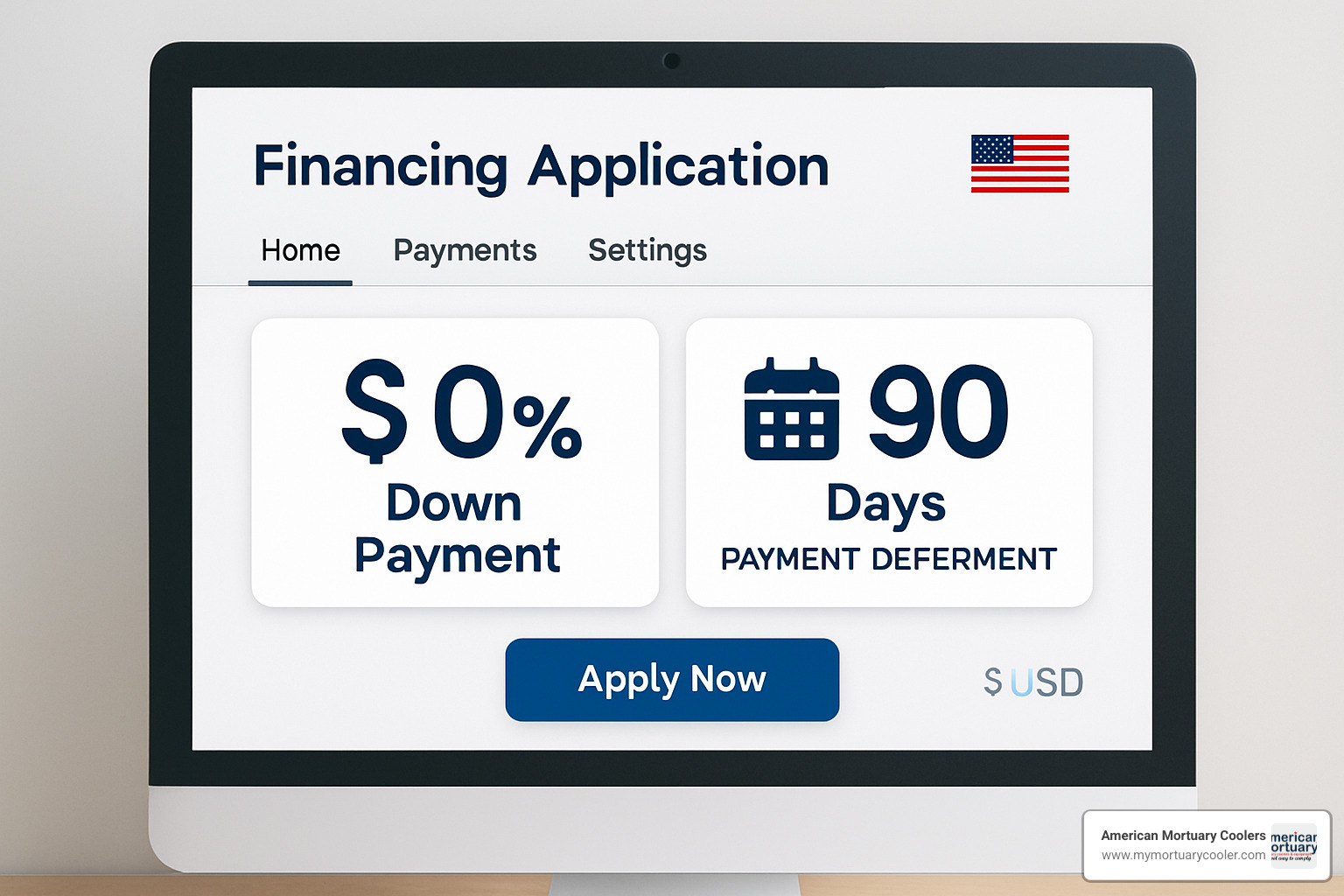 Financing application interface showing 0% down payment options and 90-day payment deferment terms - American Mortuary Coolers TR3