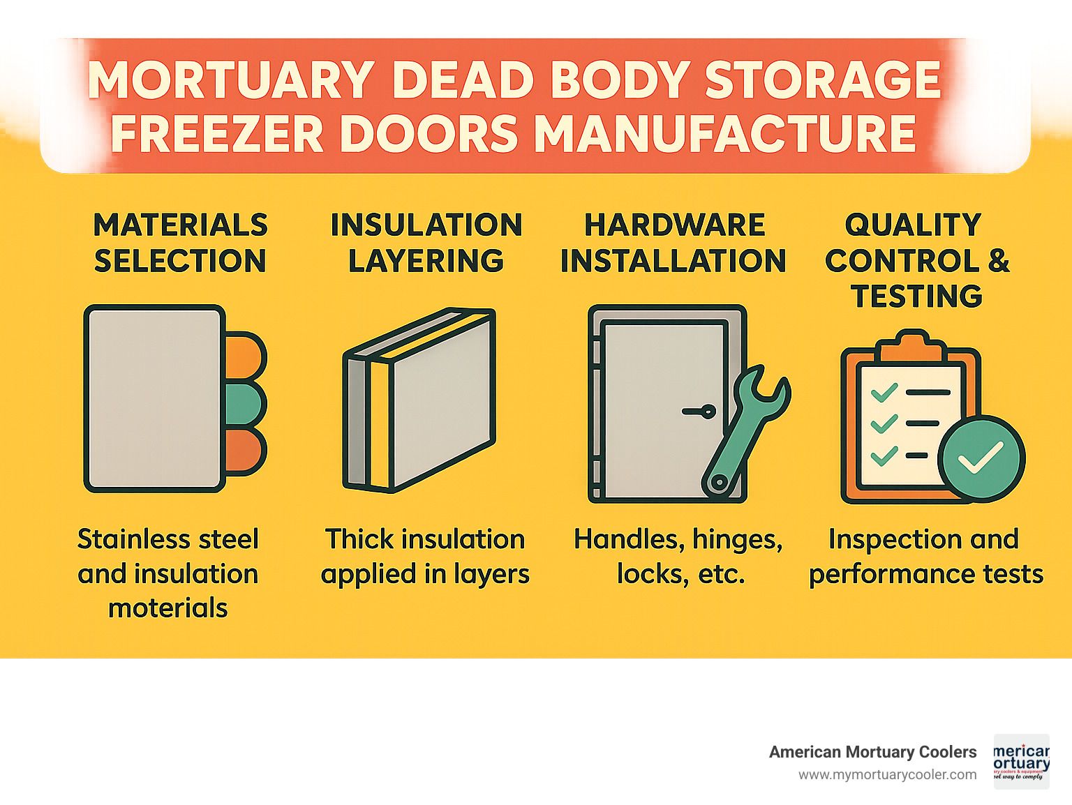 Infographic showing the typical process of mortuary dead body storage freezer doors manufacture, including materials selection, insulation layering, hardware installation, and quality control/testing steps. - mortuary dead body storage freezer doors manufacture infographic 