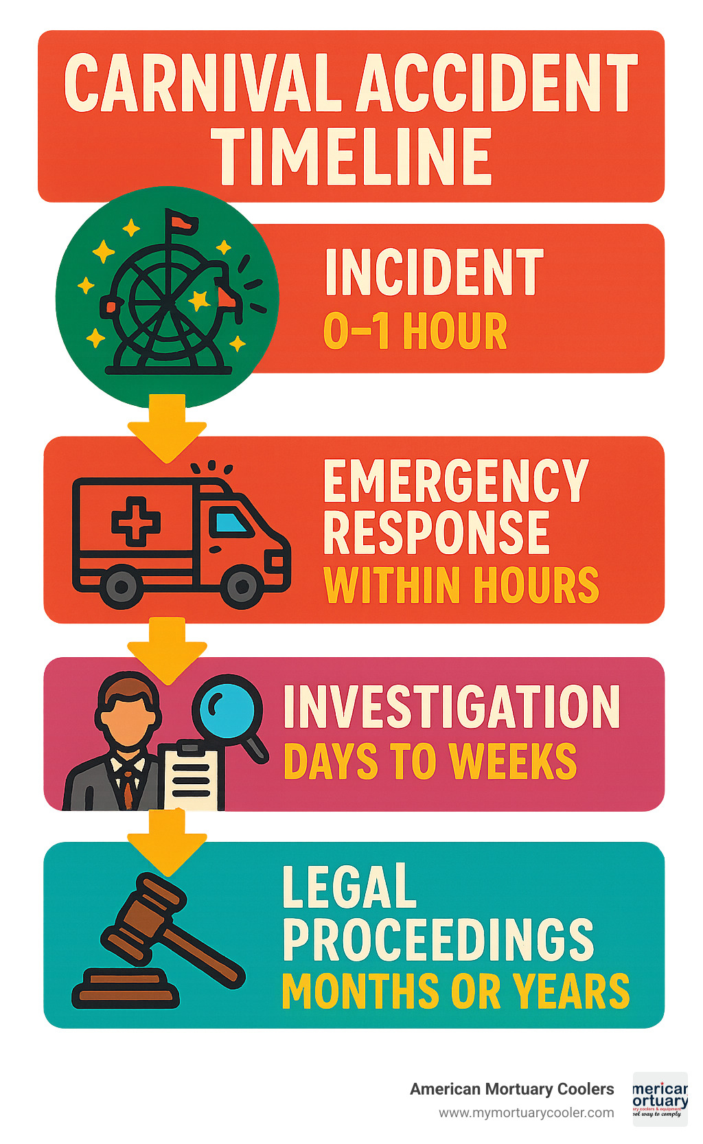 Infographic showing carnival accident timeline from initial incident through emergency response, investigation, and legal proceedings with key timeframes and responsible parties - accident at carnival infographic 