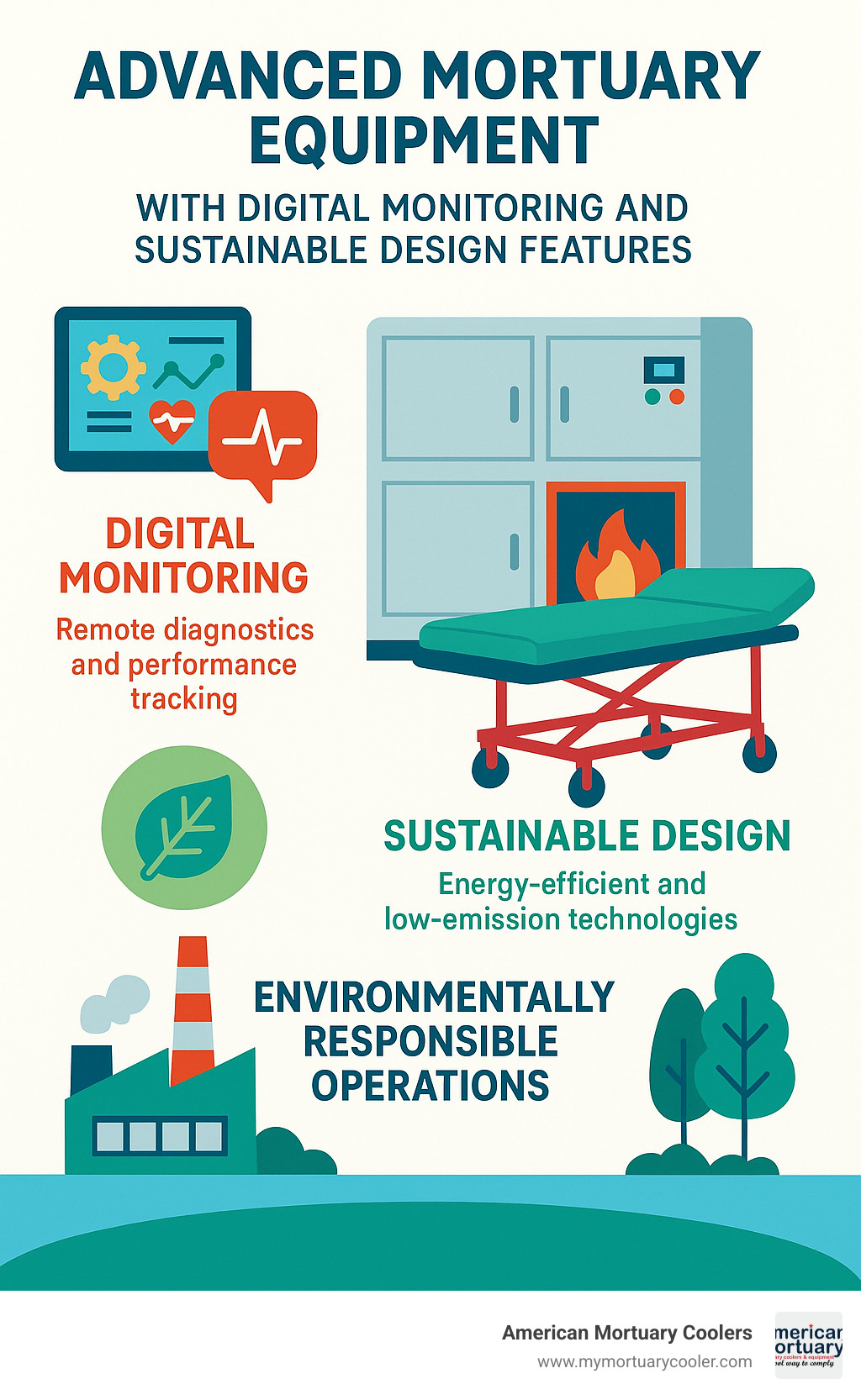Advanced mortuary equipment with digital monitoring and sustainable design features - funeral equipment manufacturers infographic 