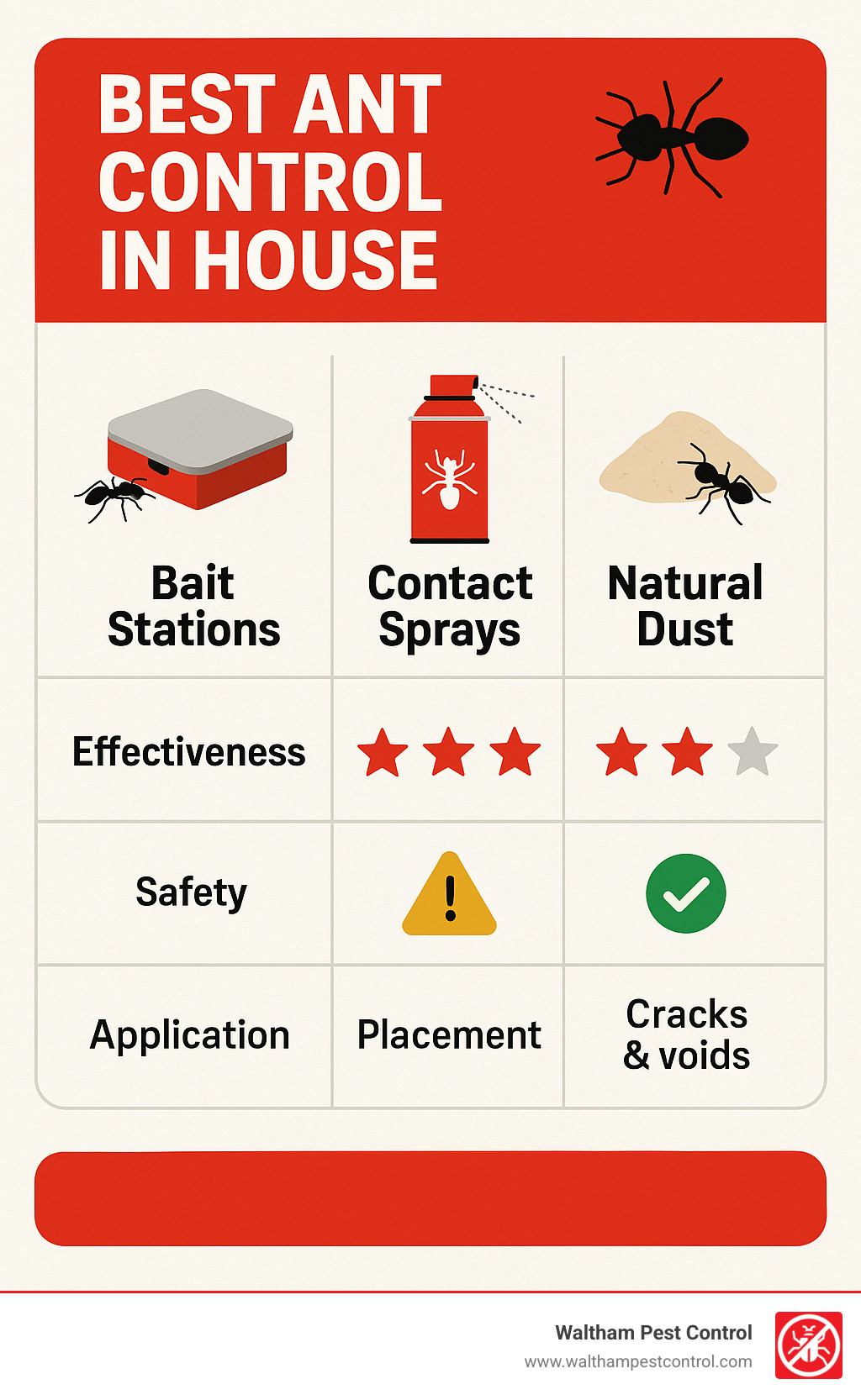 Comparison table showing effectiveness ratings, safety levels, and application methods for bait stations, contact sprays, and natural dust treatments - best ant control in house infographic 