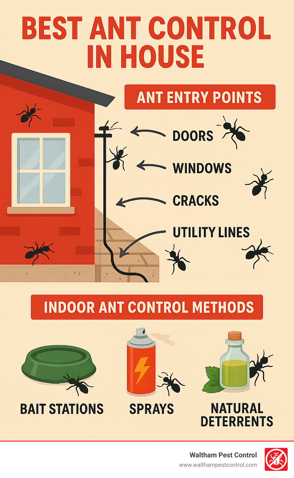 Comprehensive guide showing ant entry points around doors, windows, cracks, and utility lines, plus effectiveness comparison of bait stations vs sprays vs natural deterrents for indoor ant control - best ant control in house infographic 