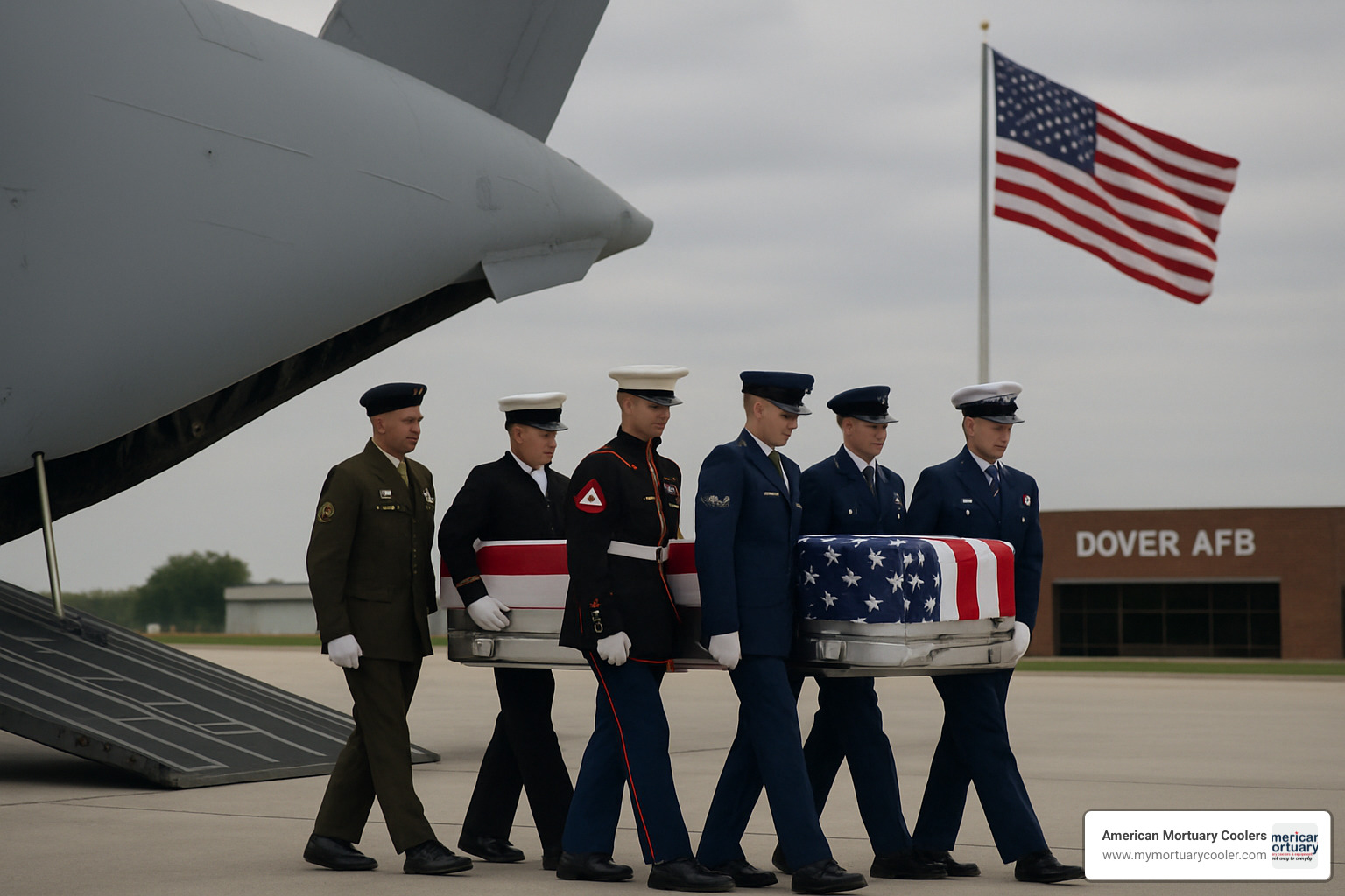 Multi-service carry team performing dignified transfer ceremony with representatives from different military branches working in precise coordination - Dover Air Force Mortuary Affairs