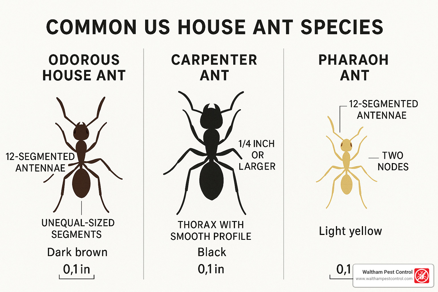 ant species comparison chart showing size, color, and identifying features - best ant control in house