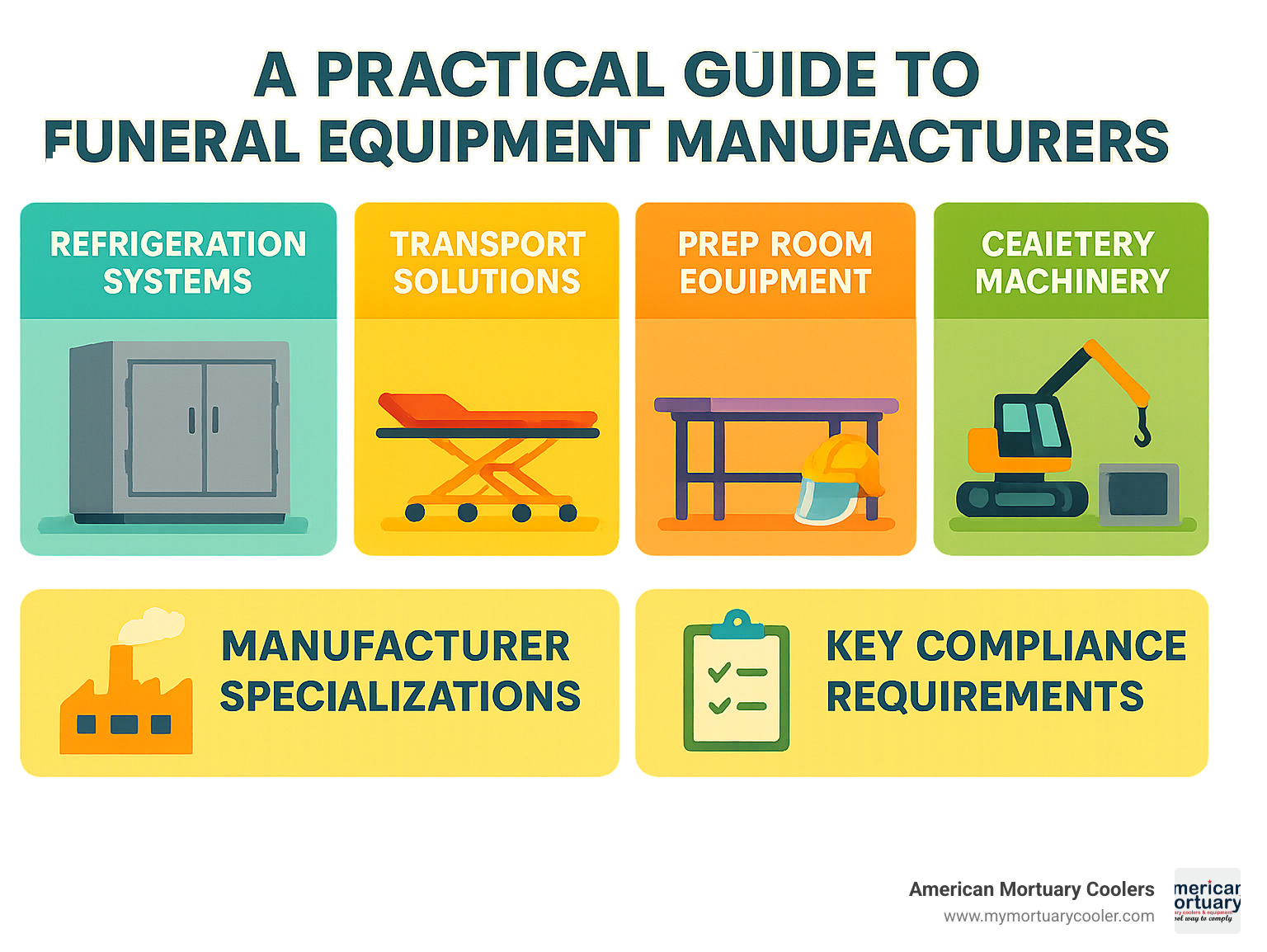 Comprehensive breakdown of funeral equipment categories including refrigeration systems, transport solutions, prep room equipment, and cemetery machinery with manufacturer specializations and key compliance requirements - funeral equipment manufacturers infographic 