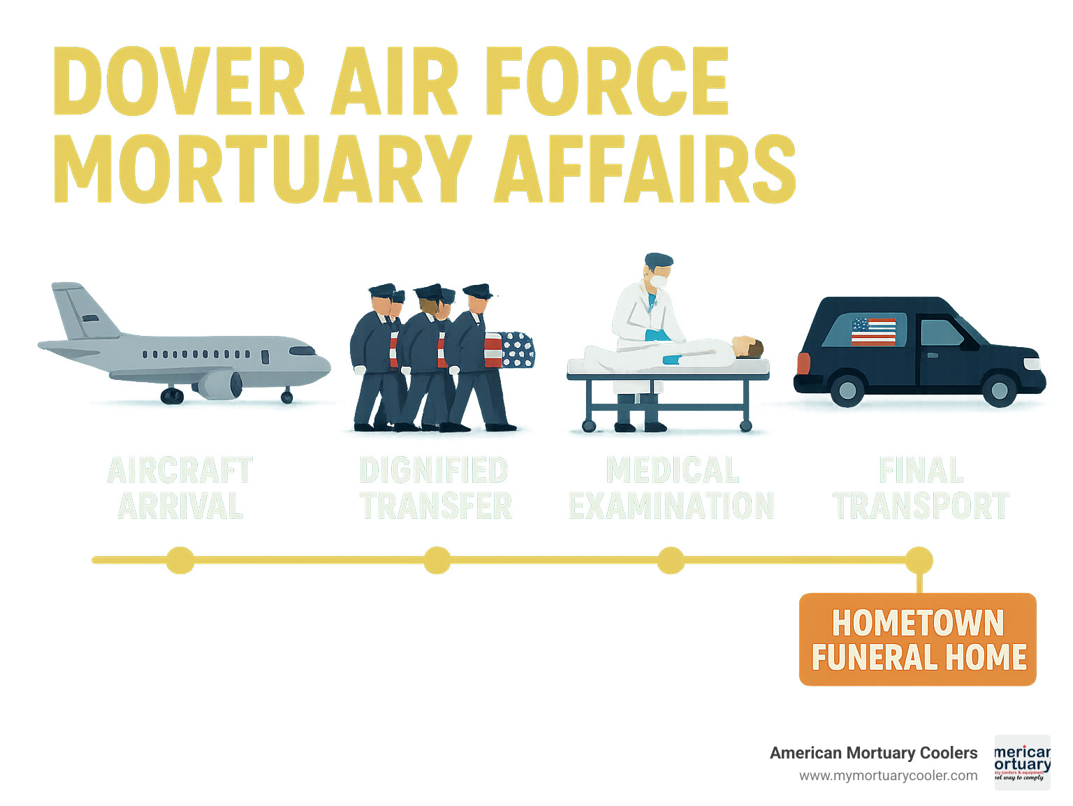Infographic showing the complete process from aircraft arrival at Dover AFB through dignified transfer ceremony, medical examination, preparation, and final transport to hometown funeral home, with timeline indicators for each stage - Dover Air Force Mortuary Affairs infographic 