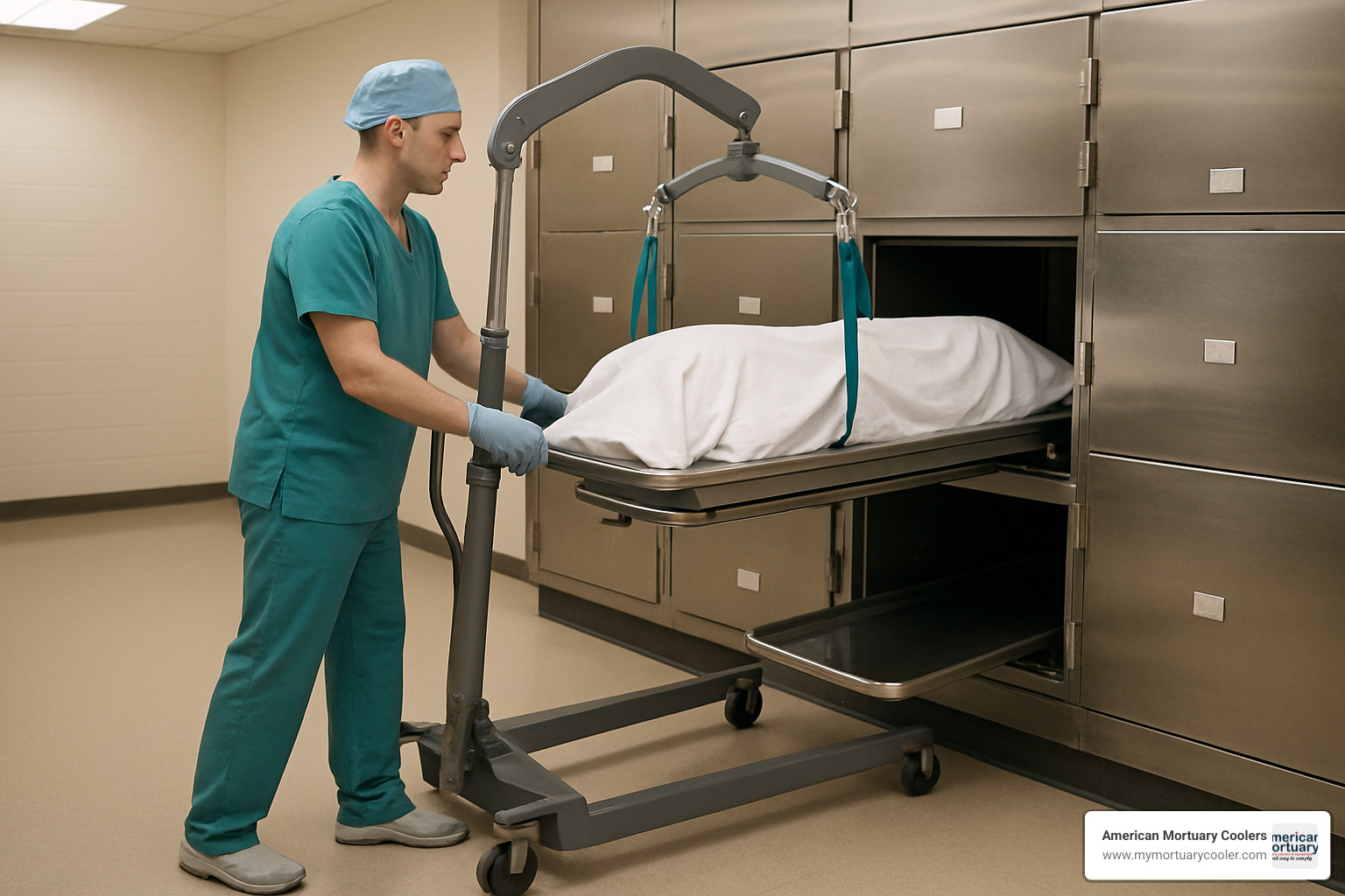 Staff member safely loading remains into morgue cooler using proper lifting technique - morgue coolers