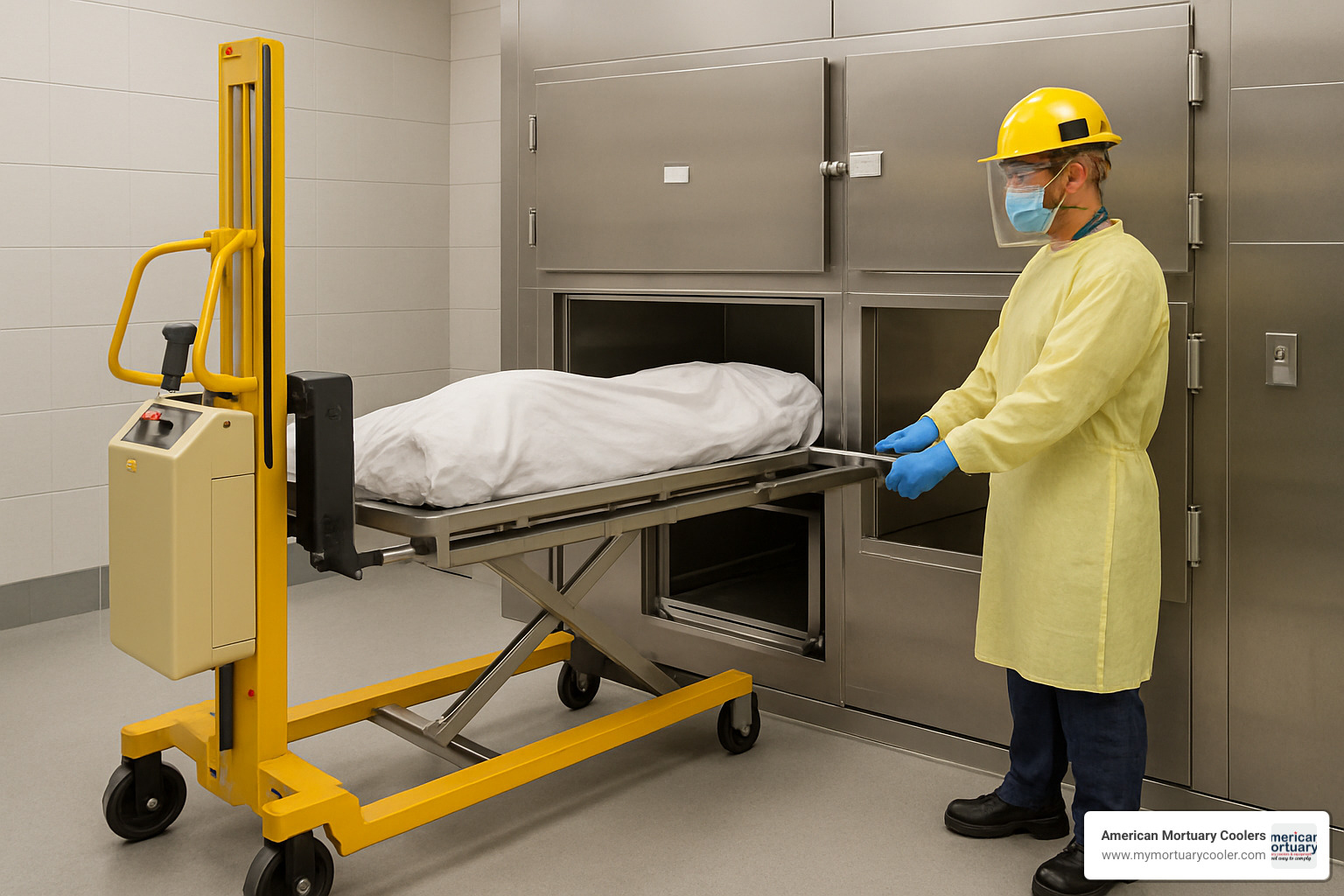 Battery-powered mortuary lift in use loading remains into cooler - morgue coolers