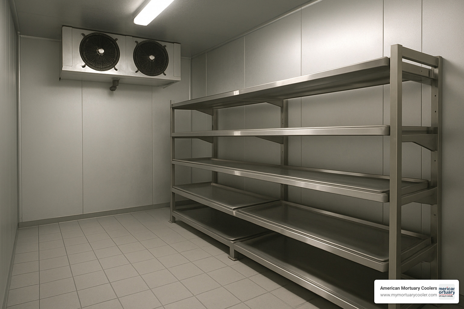 4-tier cantilever rack system inside walk-in morgue cooler - morgue coolers