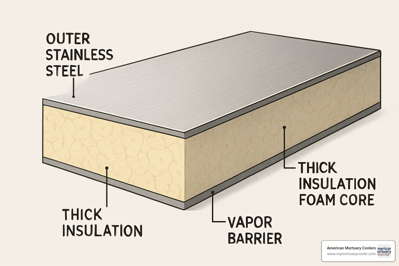 Cross-section view of high-density foam core panel construction showing outer stainless steel layers, insulation core, and vapor barrier components used in Canadian mortuary coolers - mortuary coolers canada