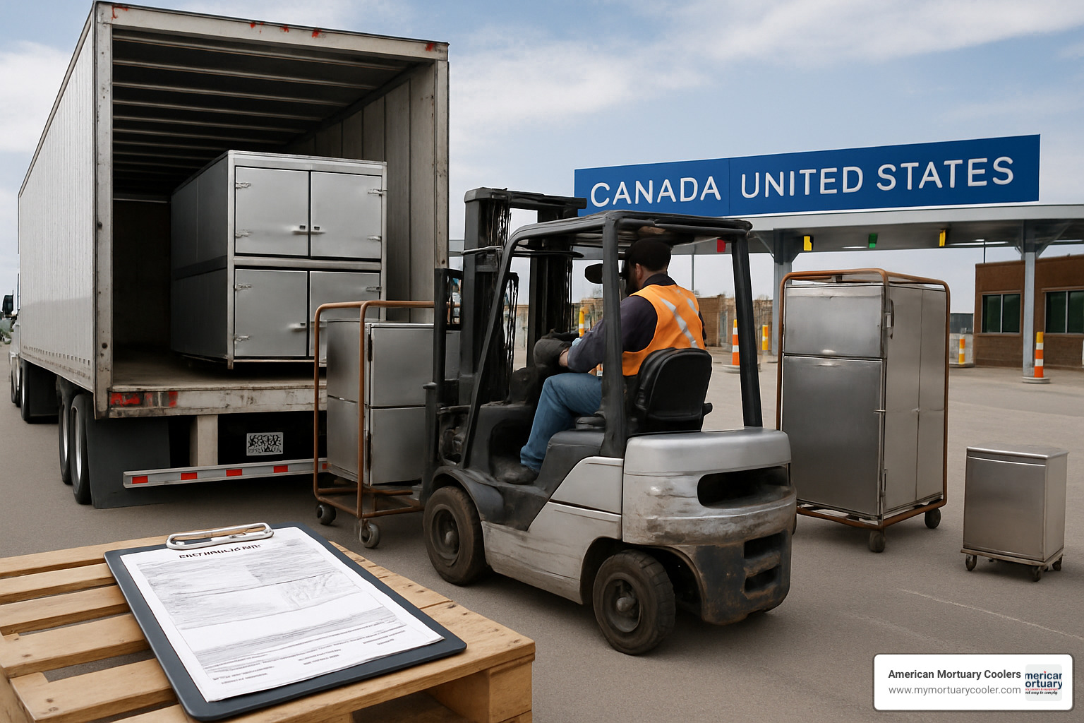 Cross-border delivery truck loaded with mortuary cooling equipment at the Canada-US border, showing proper shipping documentation and specialized transport equipment - mortuary coolers canada