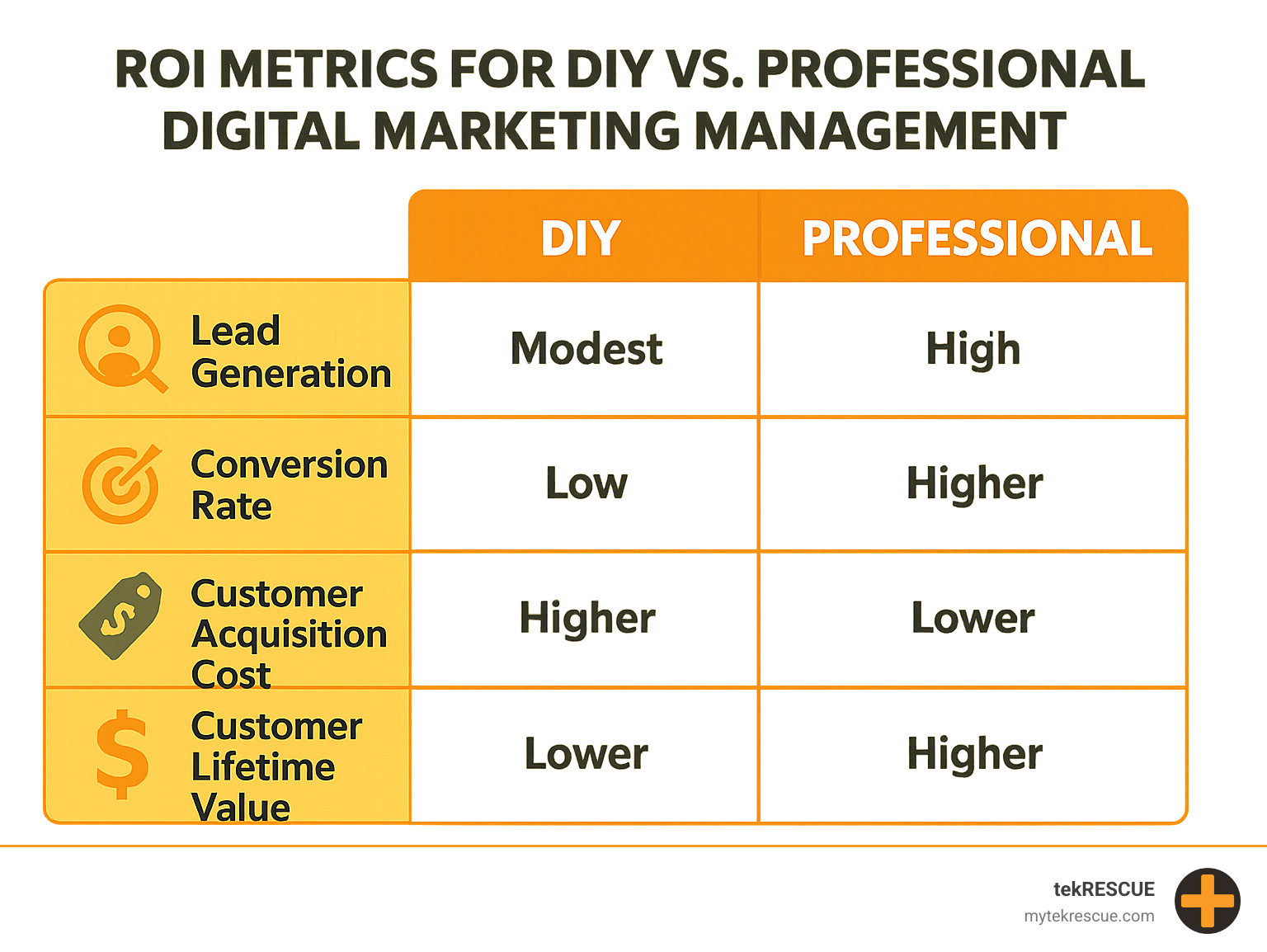 Comparison table showing ROI metrics for DIY vs professional digital marketing management - San Marcos digital marketing infographic 