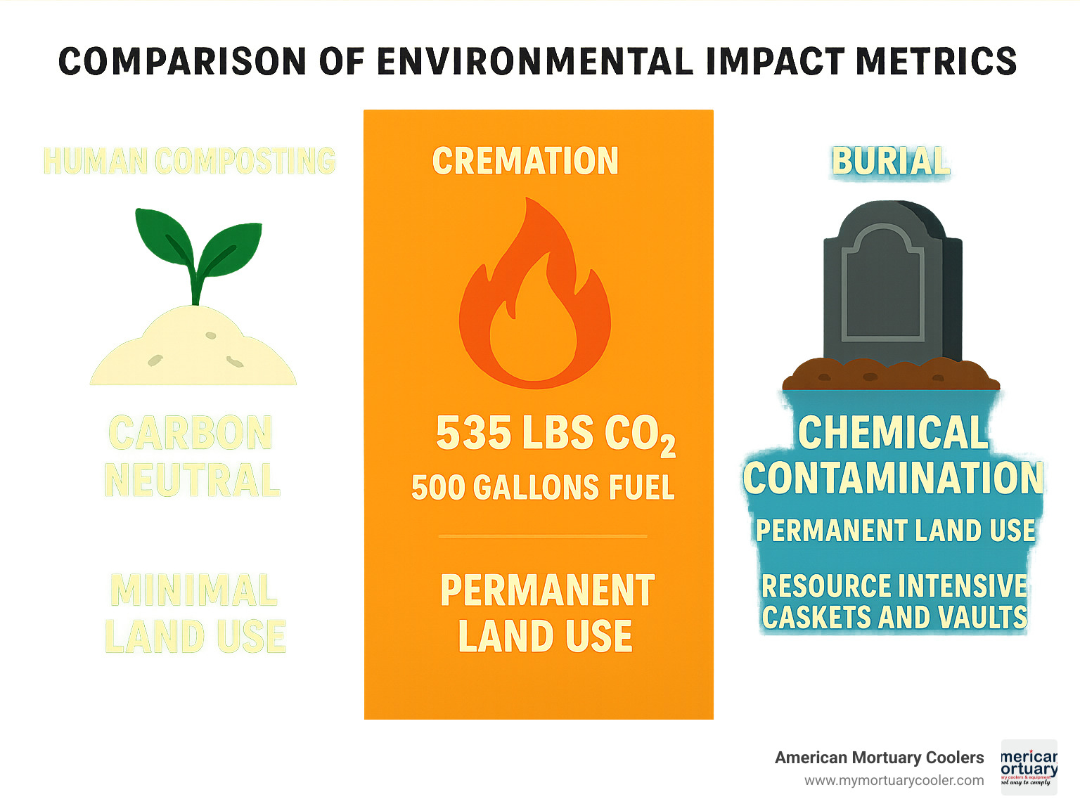 Infographic comparing environmental impact metrics between human composting (carbon neutral, minimal land use), cremation (535 lbs CO2, 500 gallons fuel), and burial (chemical contamination, permanent land use, resource intensive caskets and vaults) - human composting New York infographic 