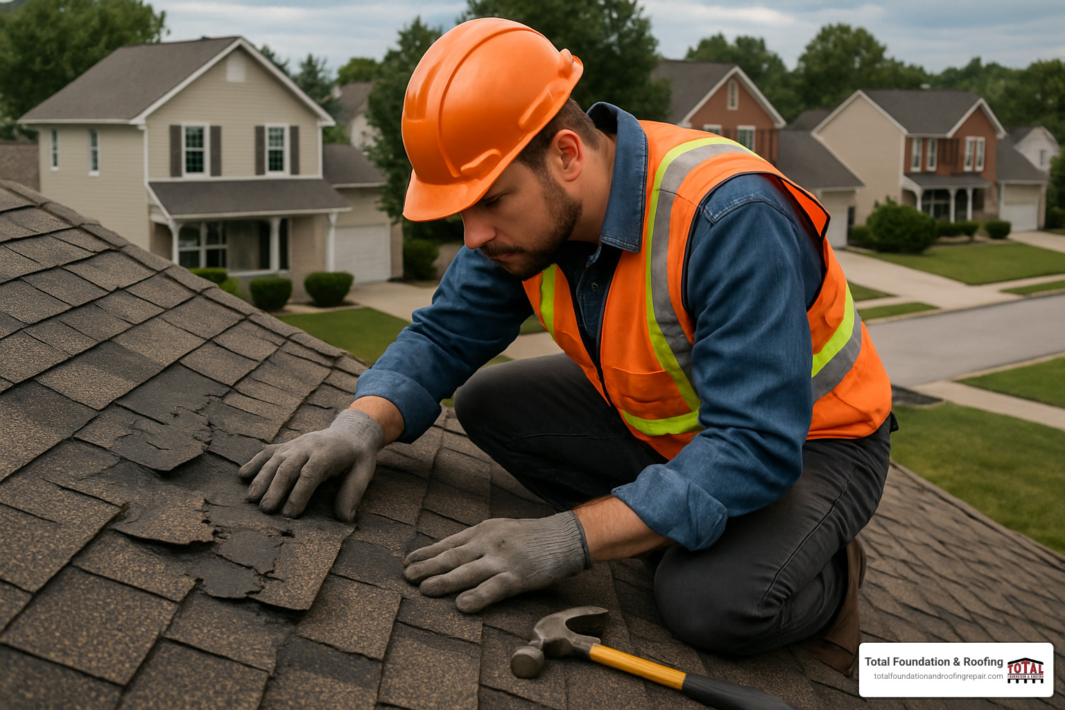 Professional roofer inspecting damaged shingles - Fredericksburg roofing company