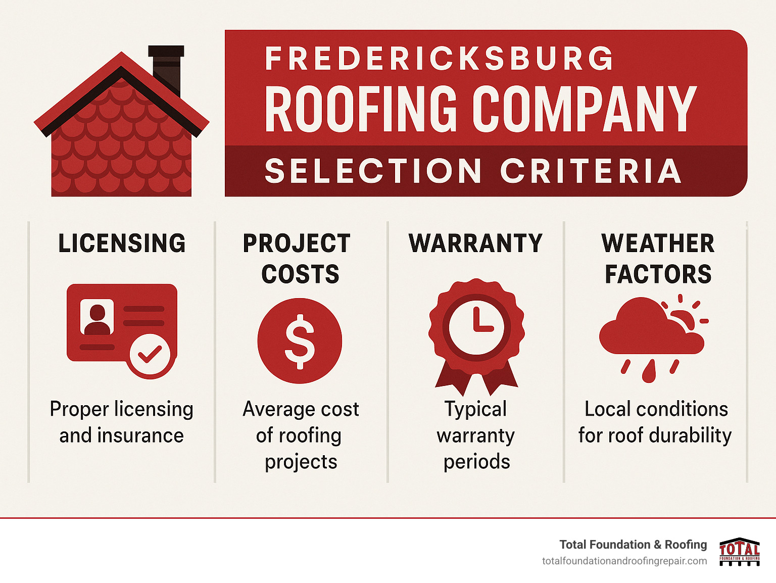 Infographic showing Fredericksburg roofing company selection criteria including licensing requirements, average project costs, typical warranty periods, and local weather considerations for roof durability - Fredericksburg roofing company infographic 