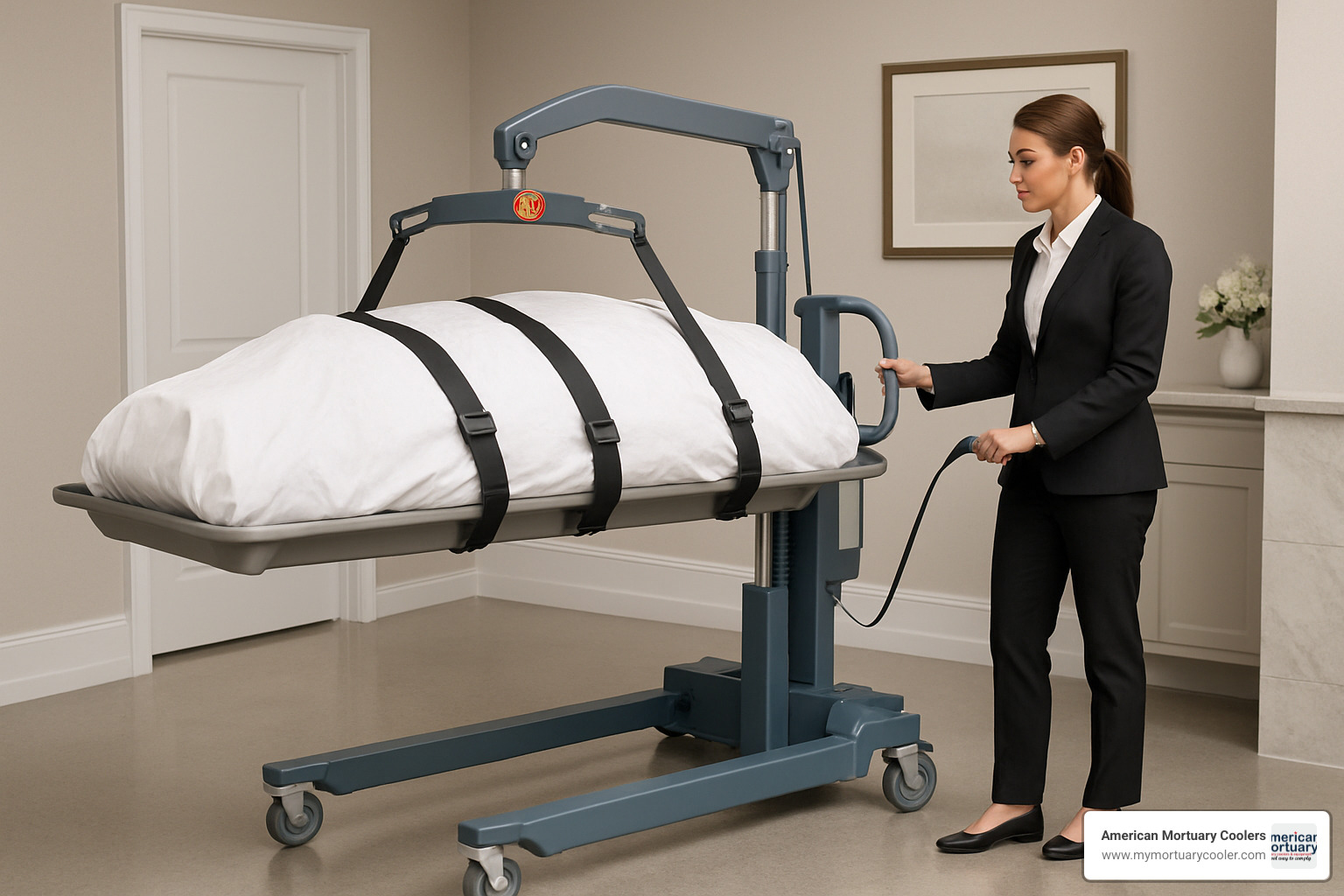 Battery powered mortuary lift handling bariatric case with safety features highlighted - Battery Powered Low Load Mortuary Lift System www.mymortuarycooler.com