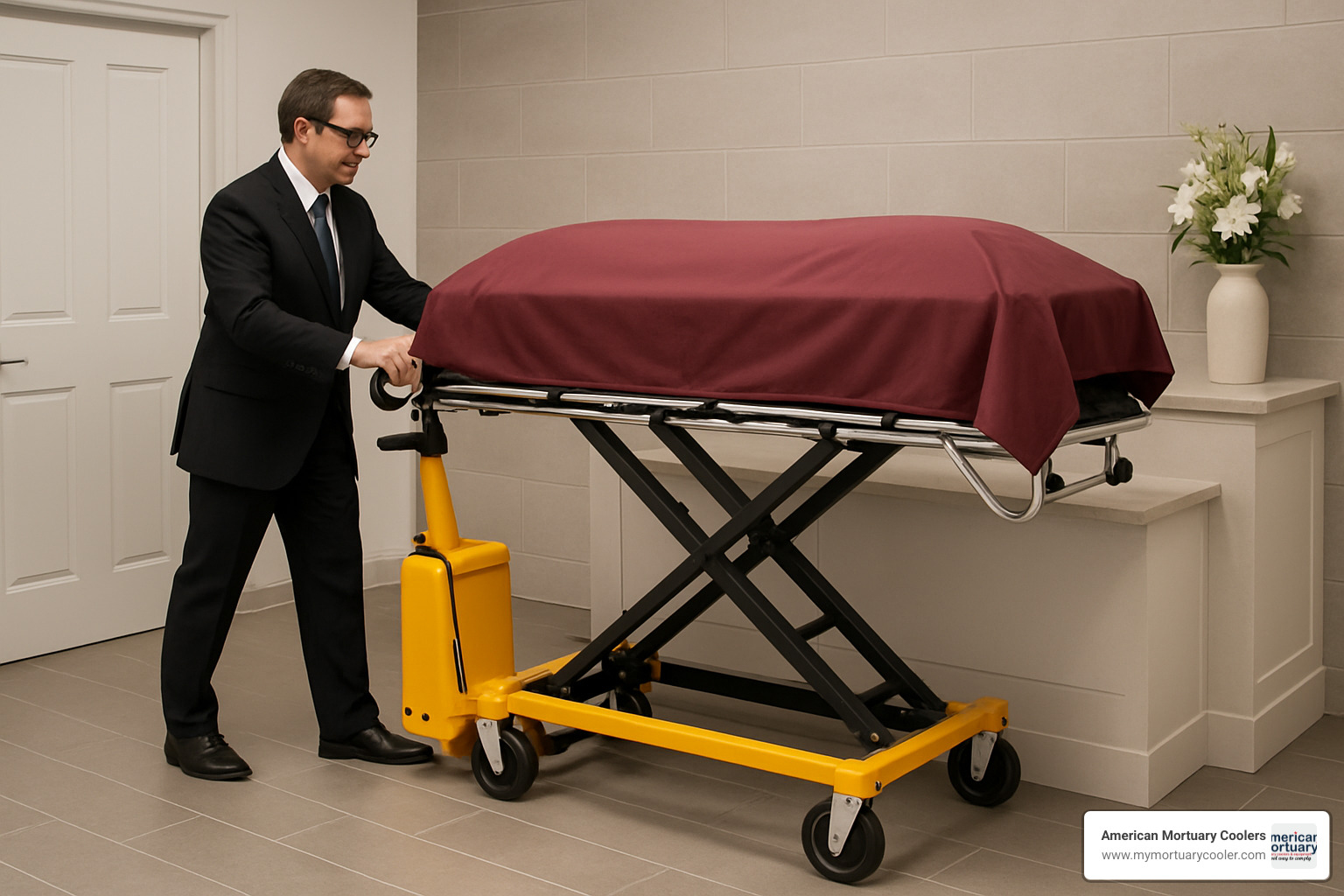 Battery powered mortuary lift in operation showing single-operator transfer - Battery Powered Low Load Mortuary Lift System www.mymortuarycooler.com