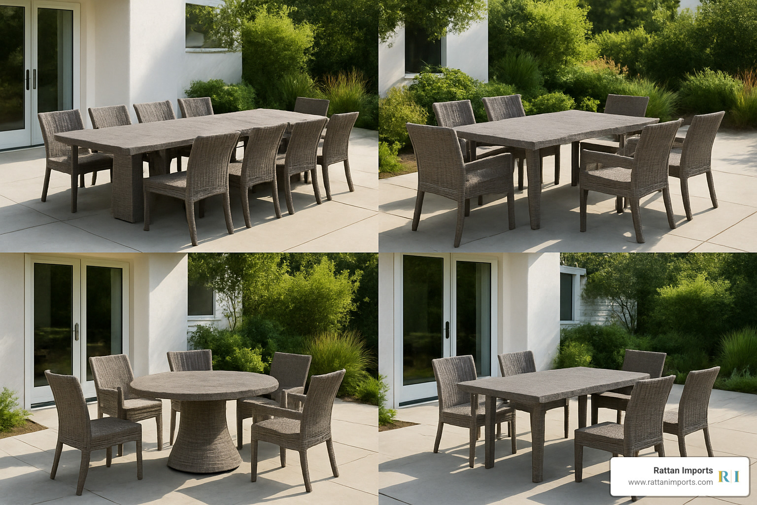 modular wicker dining set showing different configuration options - dining table and wicker chairs