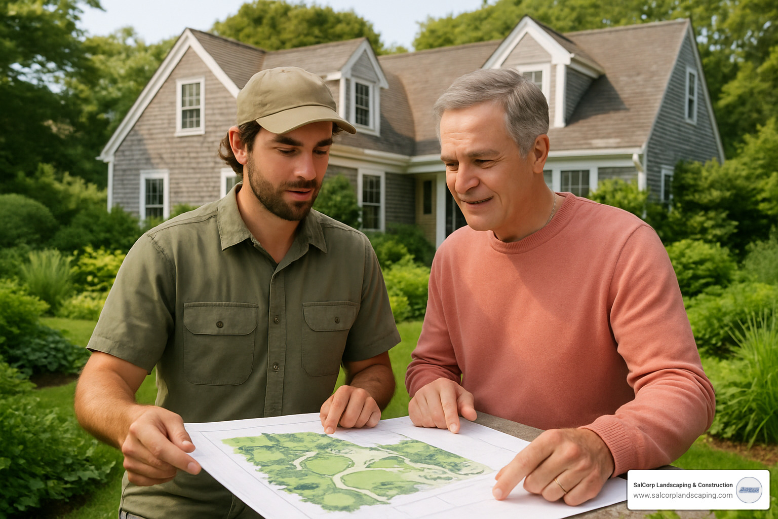 Landscape designer reviewing plans with homeowner on Cape Cod property - Cape Cod landscape design