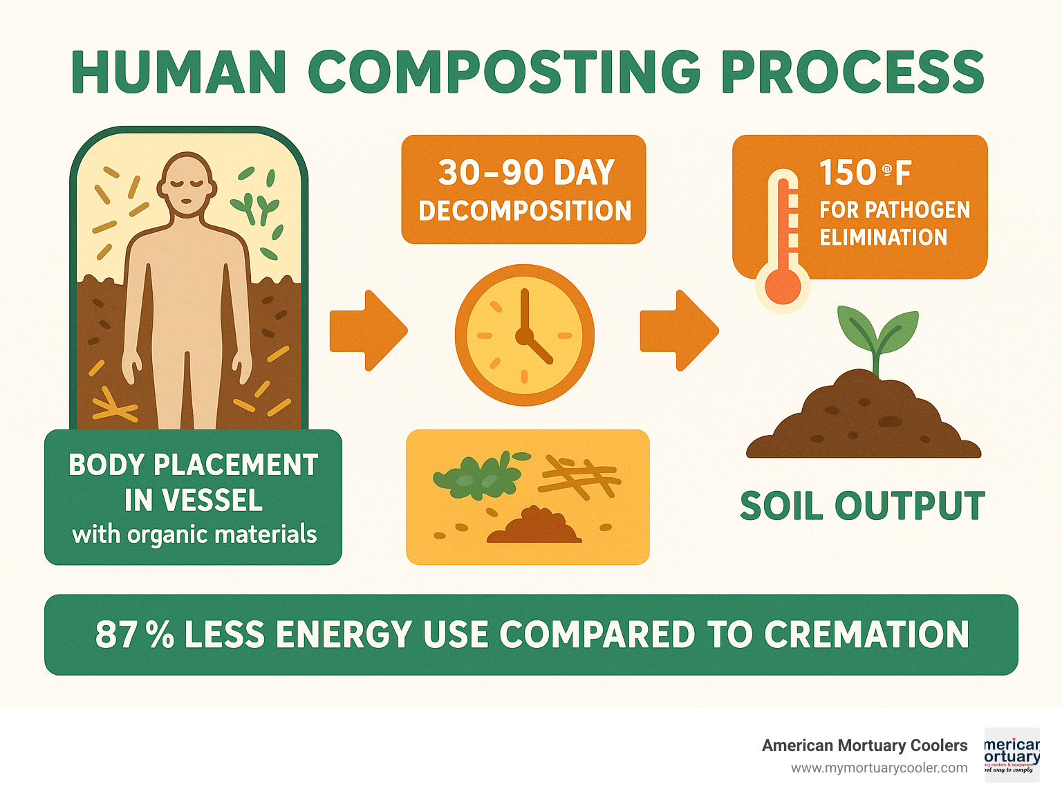 Infographic showing the human composting process from body placement in vessel with organic materials through 30-90 day decomposition cycle to final soil output, including temperature requirements of 150°F for pathogen elimination and environmental benefits of 87% less energy use compared to cremation - human composting New York infographic 