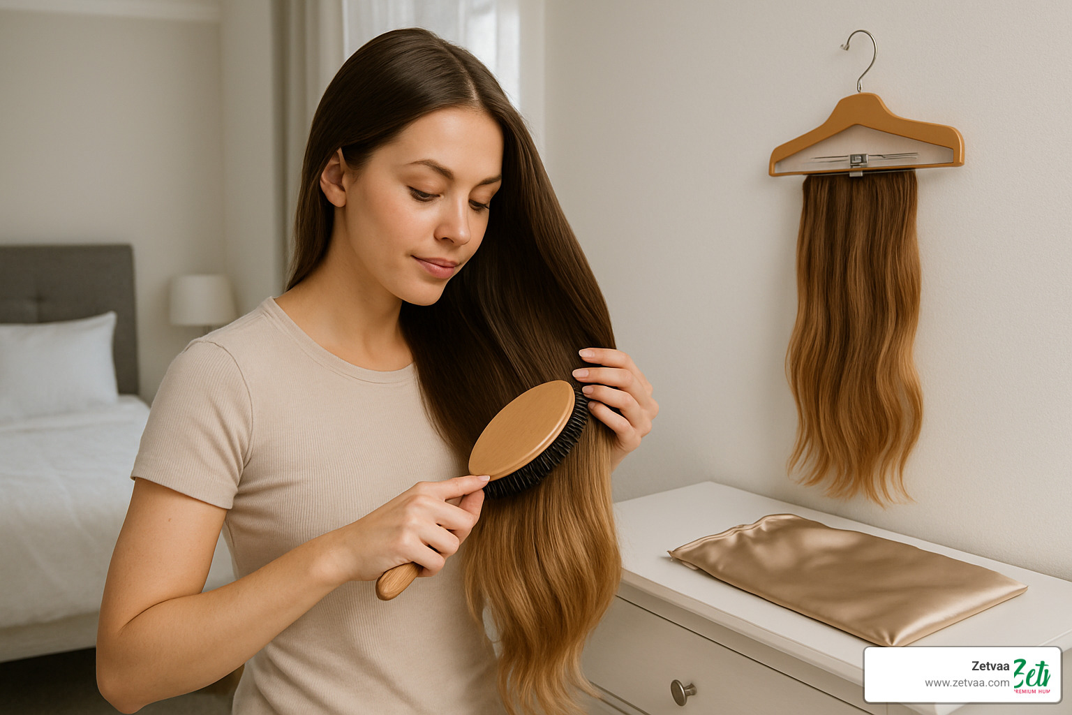 Woman properly caring for daily wear extensions with gentle brushing and storage - Daily Wear Hair Extensions