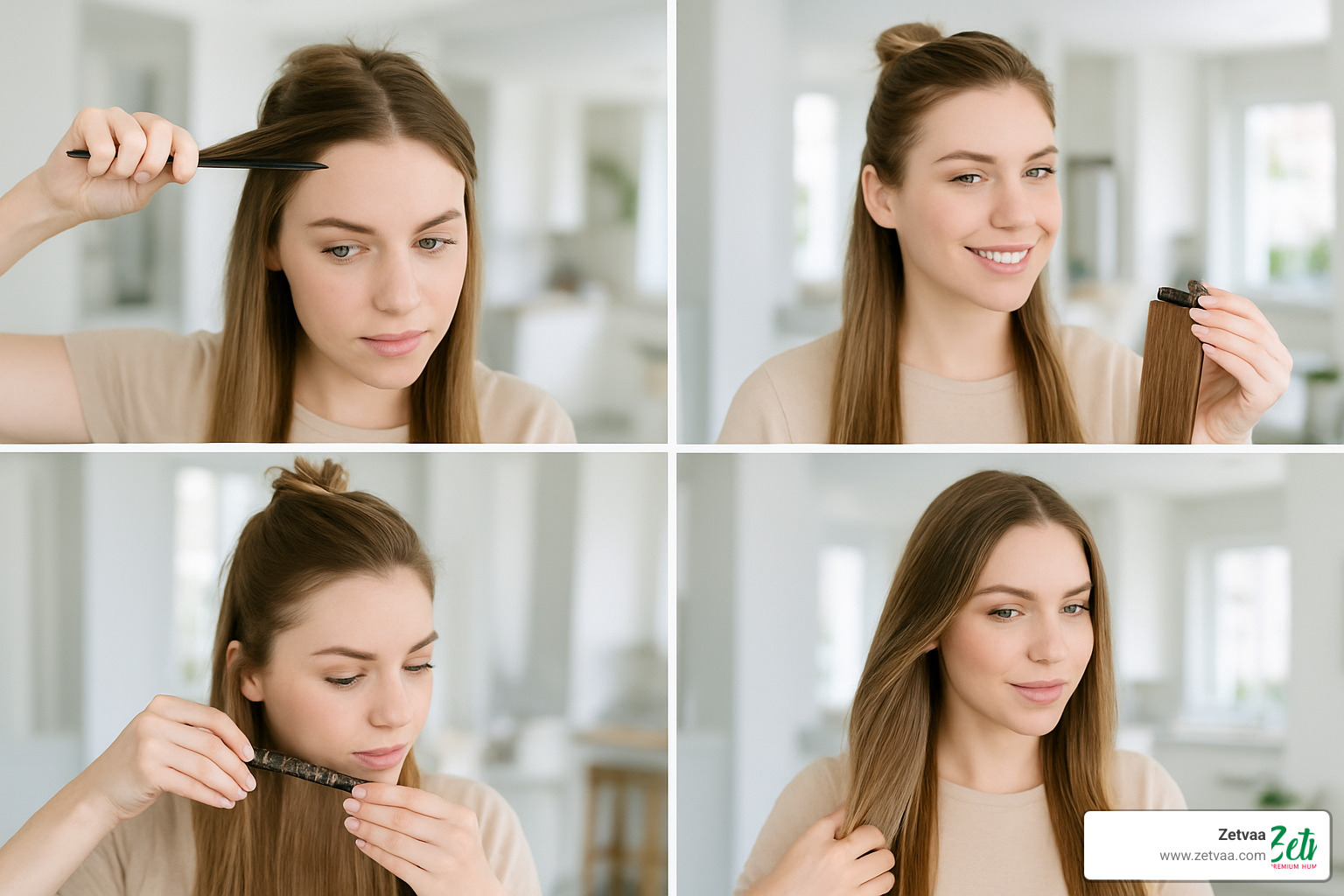 Step-by-step guide showing hair sectioning, clip placement, and blending techniques - Daily Wear Hair Extensions