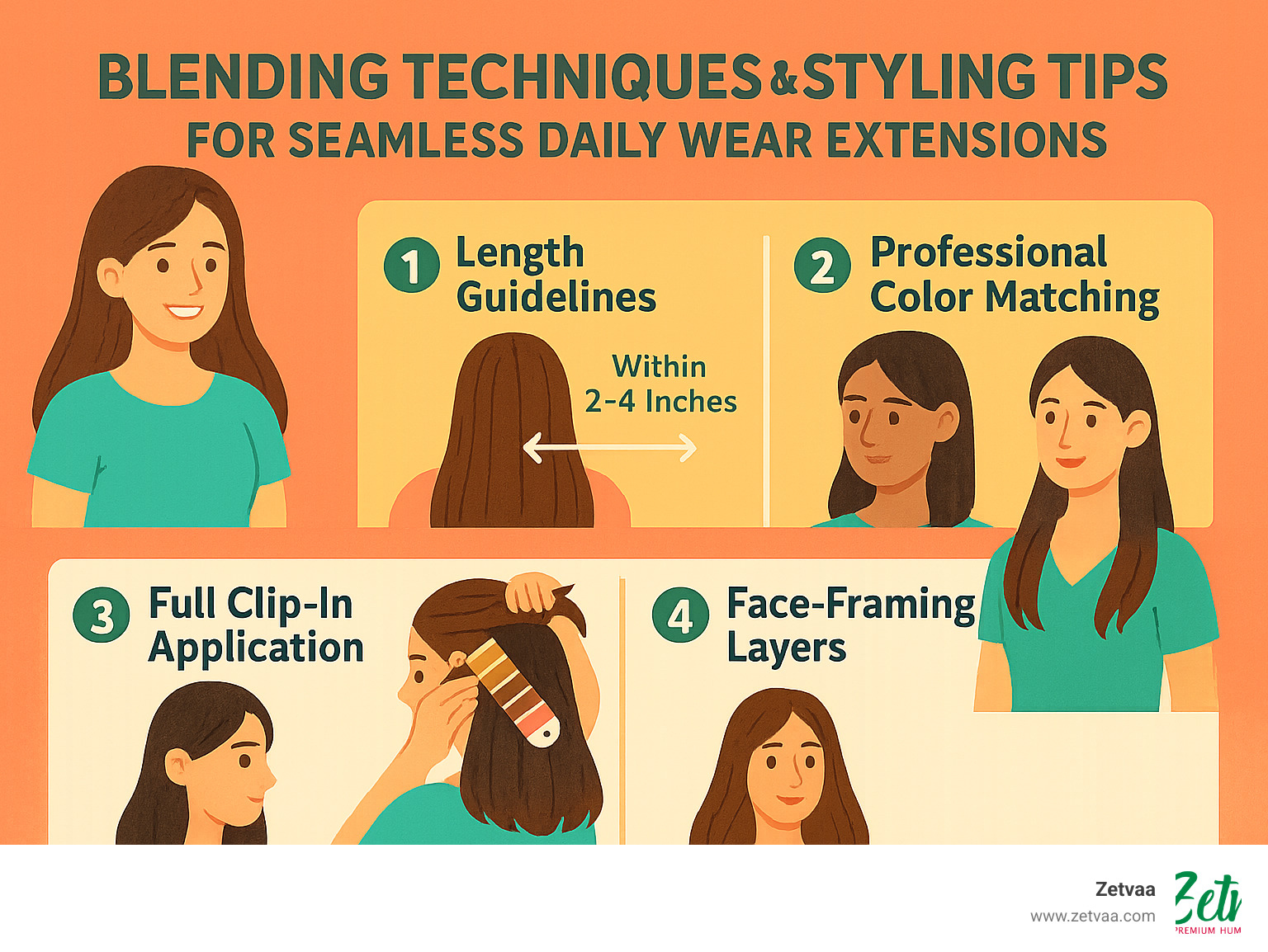 Blending techniques and styling tips for seamless daily wear extensions - Daily Wear Hair Extensions infographic 