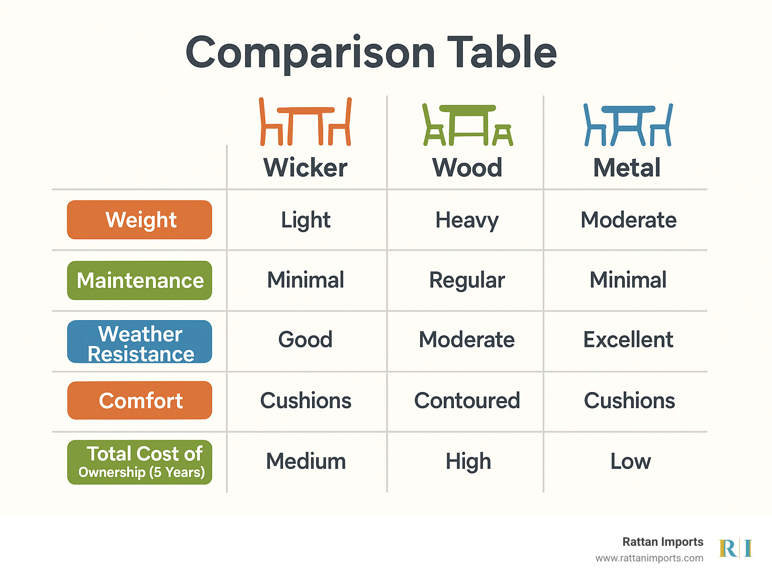 Detailed comparison table showing wicker versus wood versus metal dining sets across categories of weight, maintenance requirements, weather resistance, comfort features, and total cost of ownership over 5 years - dining table and wicker chairs infographic 