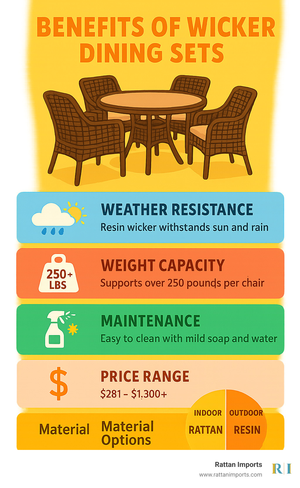 Comprehensive comparison chart showing wicker dining set benefits including weather resistance, weight capacity, maintenance requirements, price ranges, and material options for indoor versus outdoor use - dining table and wicker chairs infographic 