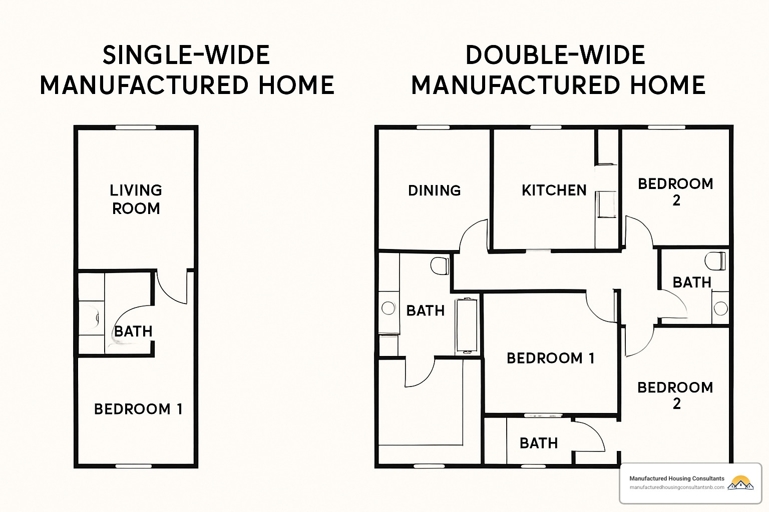 Side-by-side floor plans showing single-wide and double-wide layout differences - cost of brand new manufactured home