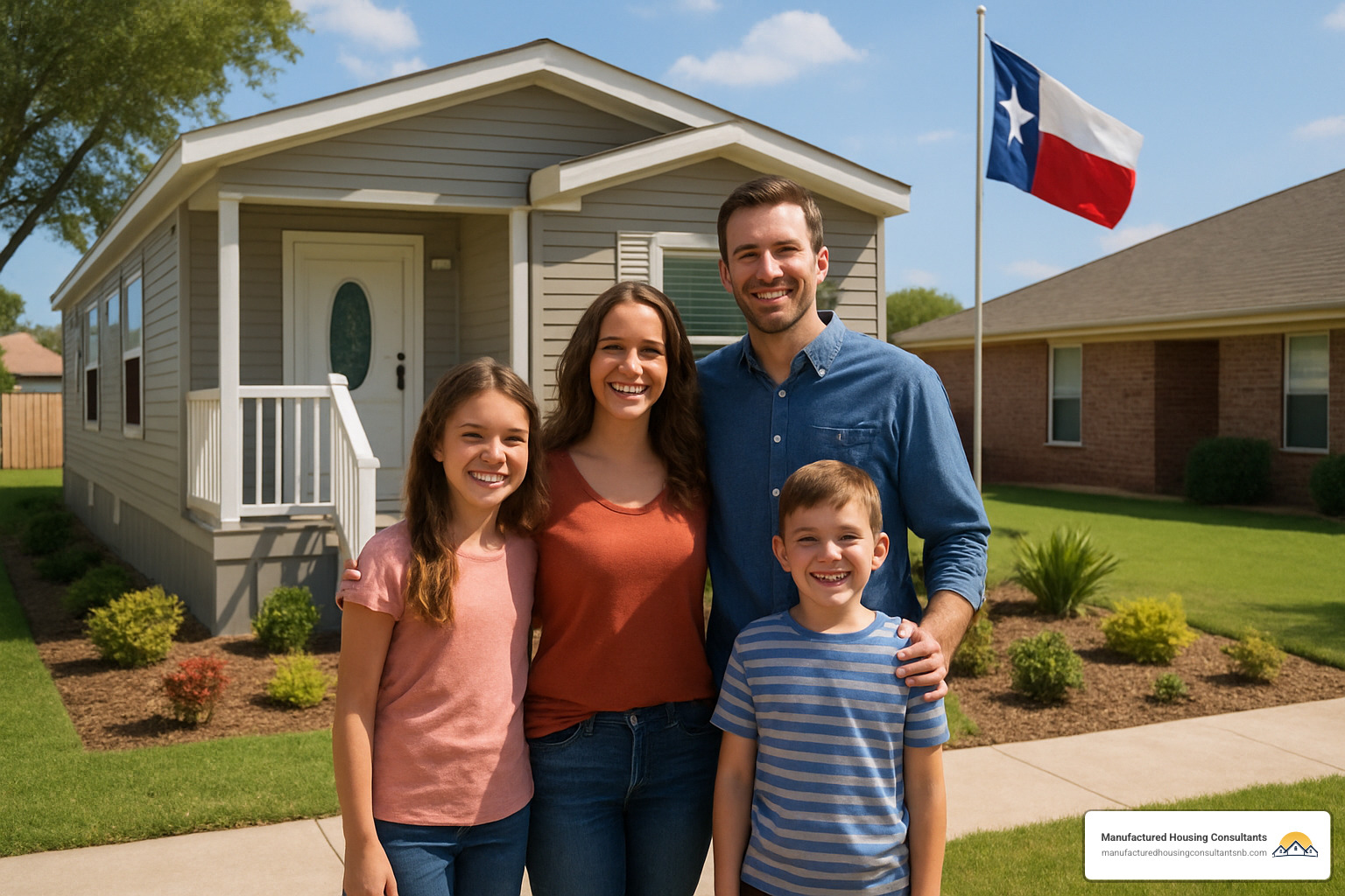 Happy family standing in front of their new manufactured home - cost of brand new manufactured home