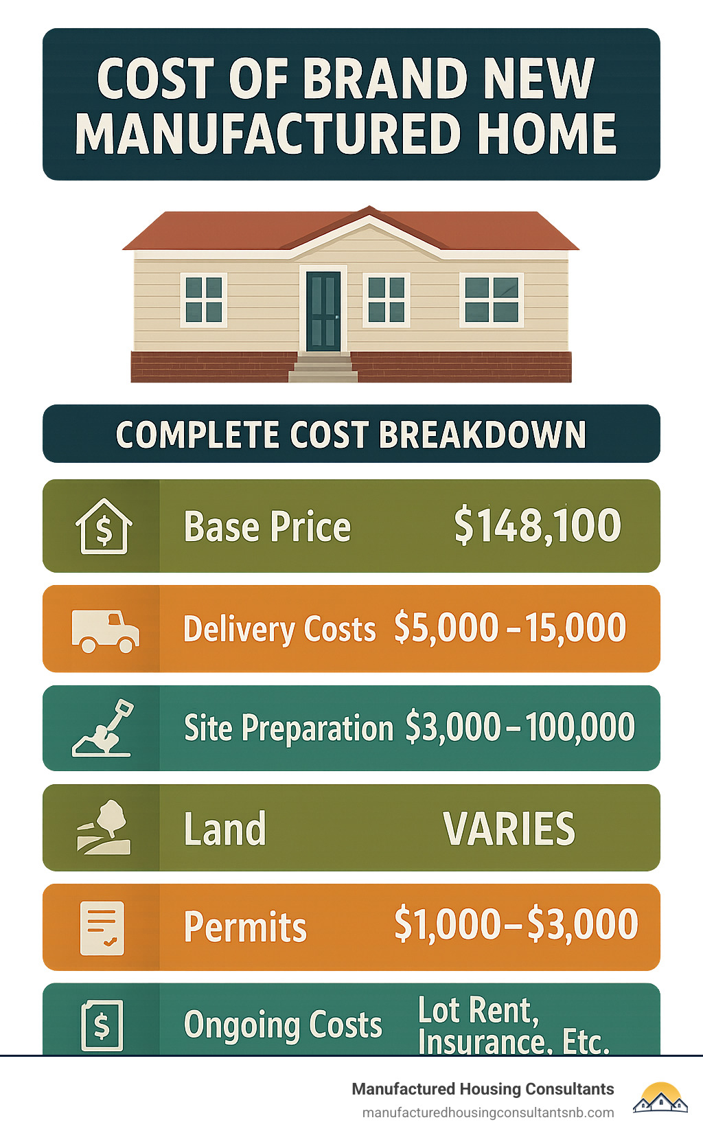 Infographic showing complete manufactured home cost breakdown including base price, delivery costs, site preparation, land expenses, permits, and ongoing costs like lot rent and insurance - cost of brand new manufactured home infographic 