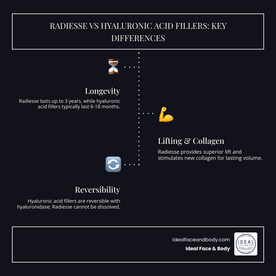 Comprehensive comparison infographic showing Radiesse CaHA vs Hyaluronic Acid fillers, highlighting longevity differences, lift capacity, collagen stimulation properties, and reversibility options - radiesse before and after infographic infographic-line-3-steps-dark