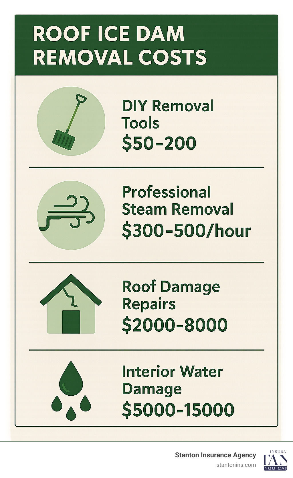 Infographic showing cost comparison: DIY removal tools $50-200, Professional steam removal $300-500/hour, Roof damage repairs $2000-8000, Interior water damage $5000-15000 — Roof ice dam removal infographic Infographic showing cost comparison: DIY removal tools $50-200, Professional steam removal $300-500/hour, Roof damage repairs $2000-8000, Interior water damage $5000-15000 — Roof ice dam removal infographic