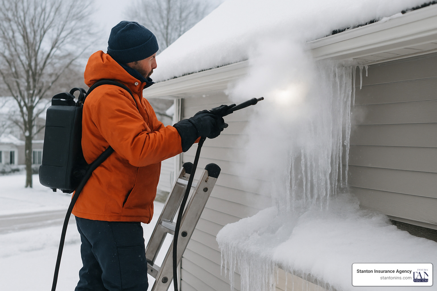 Professional using low-pressure steam equipment to safely remove ice dam - Roof ice dam removal Professional using low-pressure steam equipment to safely remove ice dam - Roof ice dam removal