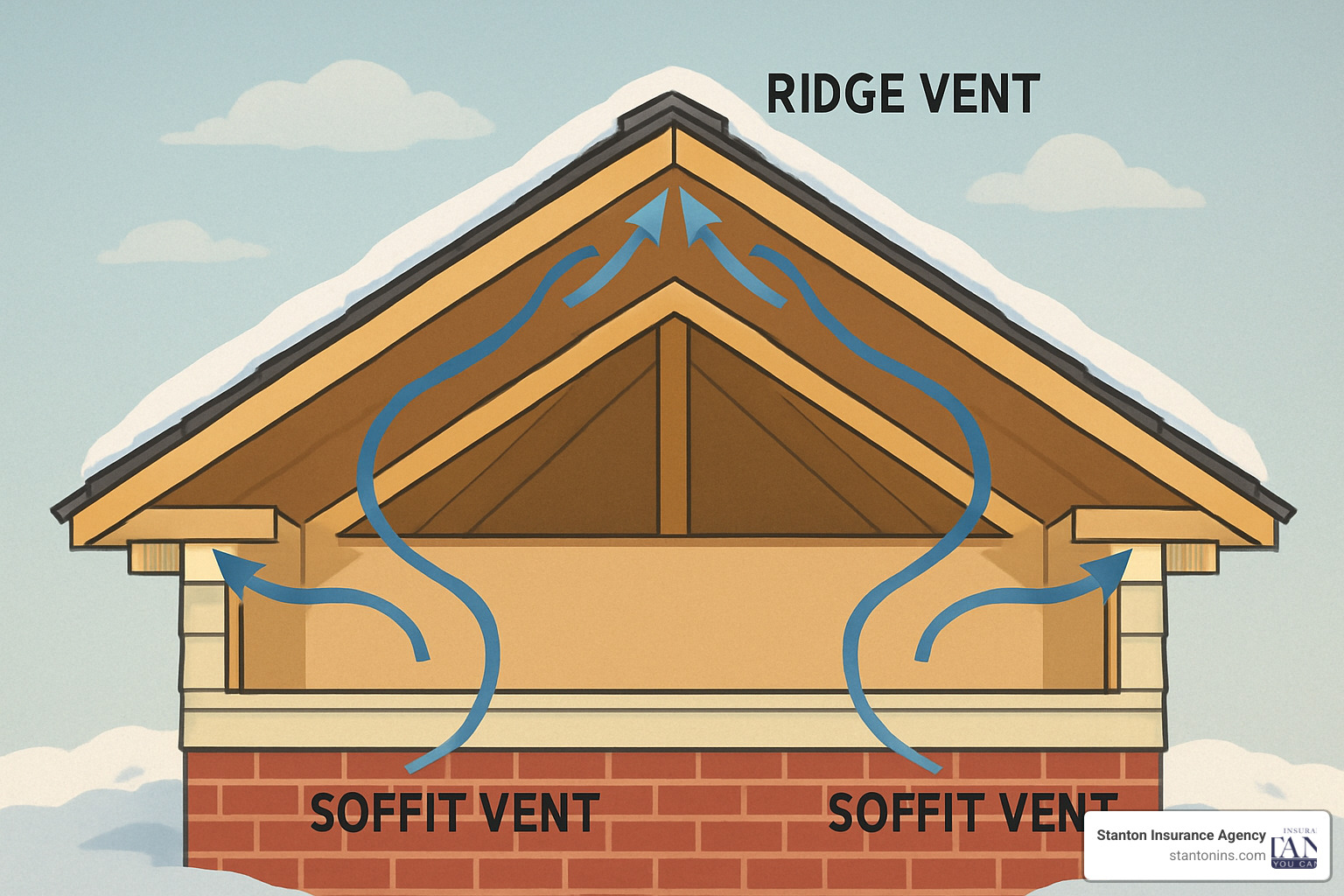 Proper attic ventilation showing soffit vents and ridge vents with airflow arrows - Roof ice dam removal Proper attic ventilation showing soffit vents and ridge vents with airflow arrows - Roof ice dam removal