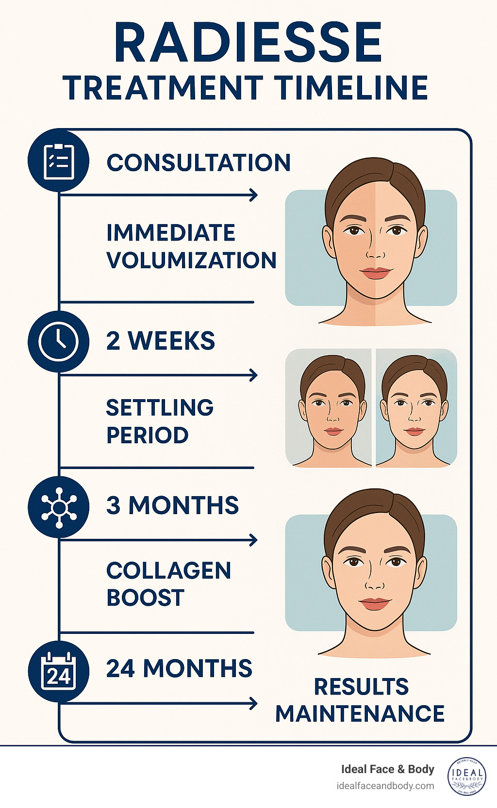 Detailed infographic showing Radiesse treatment timeline from consultation through 24-month results, including immediate volumization, 2-week settling period, 3-month collagen boost phase, and long-term maintenance schedule - radiesse before and after infographic 