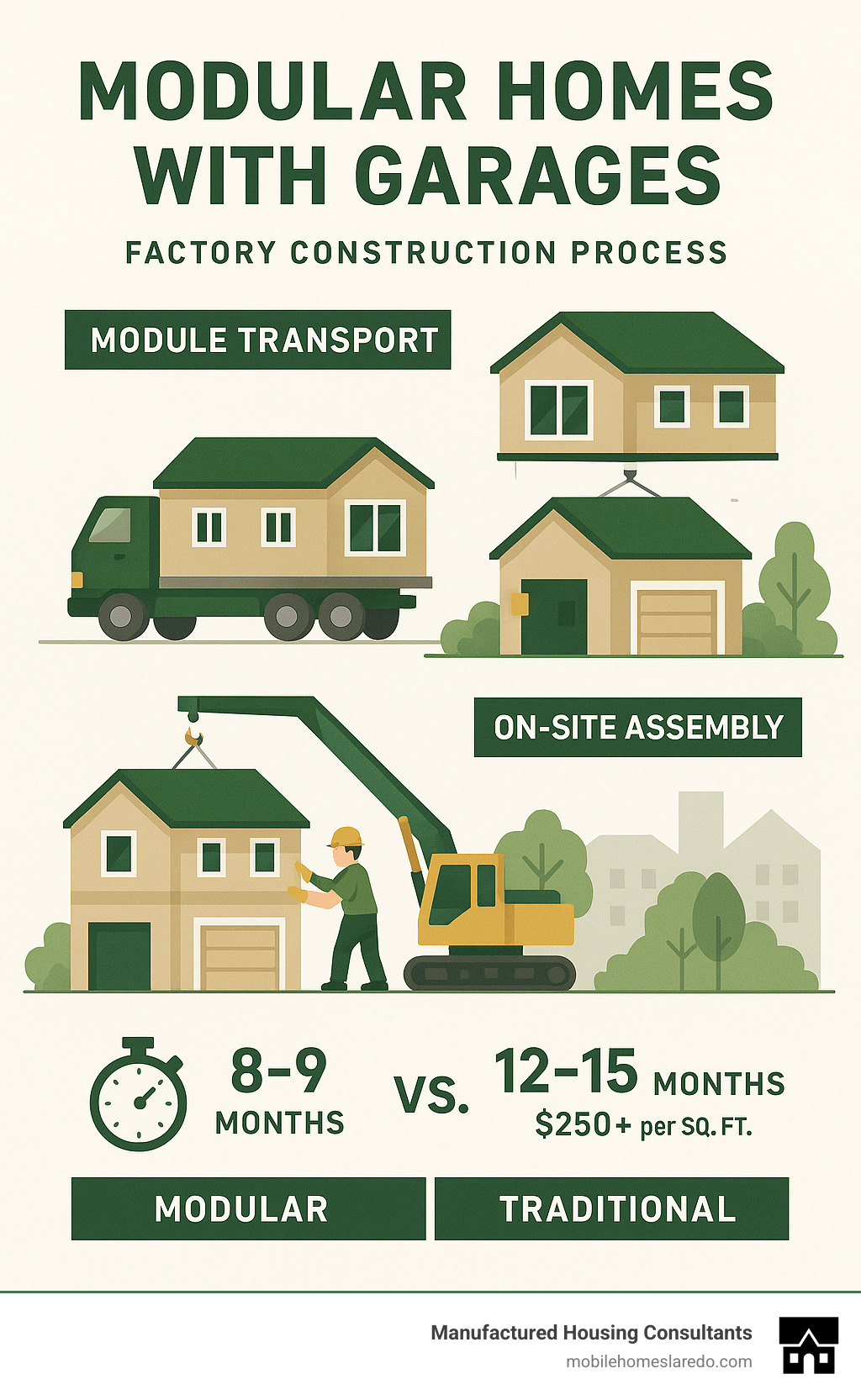 Detailed infographic showing the factory construction process of modular homes with integrated garages, including transport in sections, on-site assembly timeline, and cost comparison between modular versus traditional construction methods - modular homes with garages infographic  Detailed infographic showing the factory construction process of modular homes with integrated garages, including transport in sections, on-site assembly timeline, and cost comparison between modular versus traditional construction methods - modular homes with garages infographic