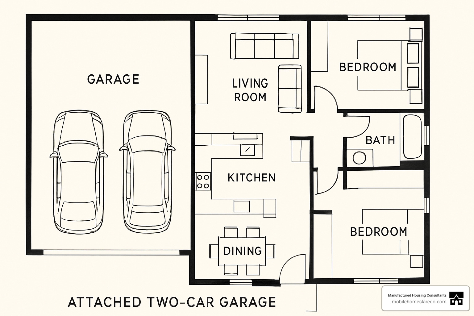Sample floor plan showing a modular home with an attached two-car garage, highlighting the seamless integration between living spaces and vehicle storage - modular homes with garages Sample floor plan showing a modular home with an attached two-car garage, highlighting the seamless integration between living spaces and vehicle storage - modular homes with garages