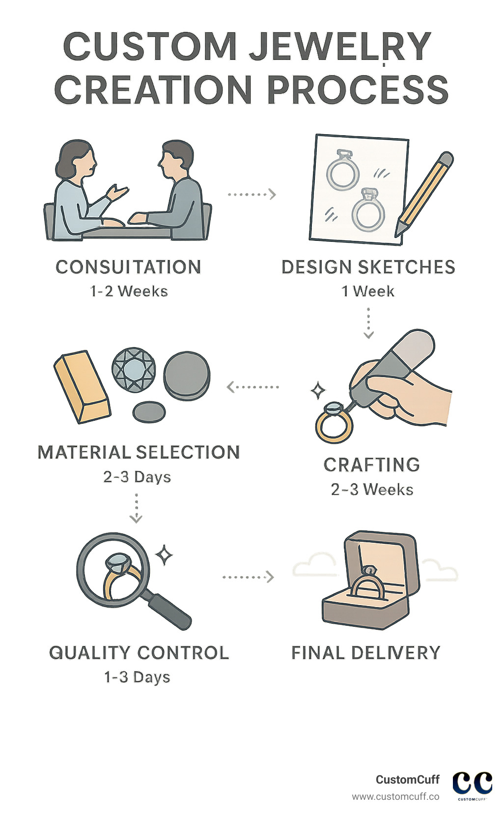 Detailed infographic showing the custom jewelry creation process from initial consultation and design sketches through material selection, crafting, quality control, and final delivery with timeline estimates - custom jewelry infographic 