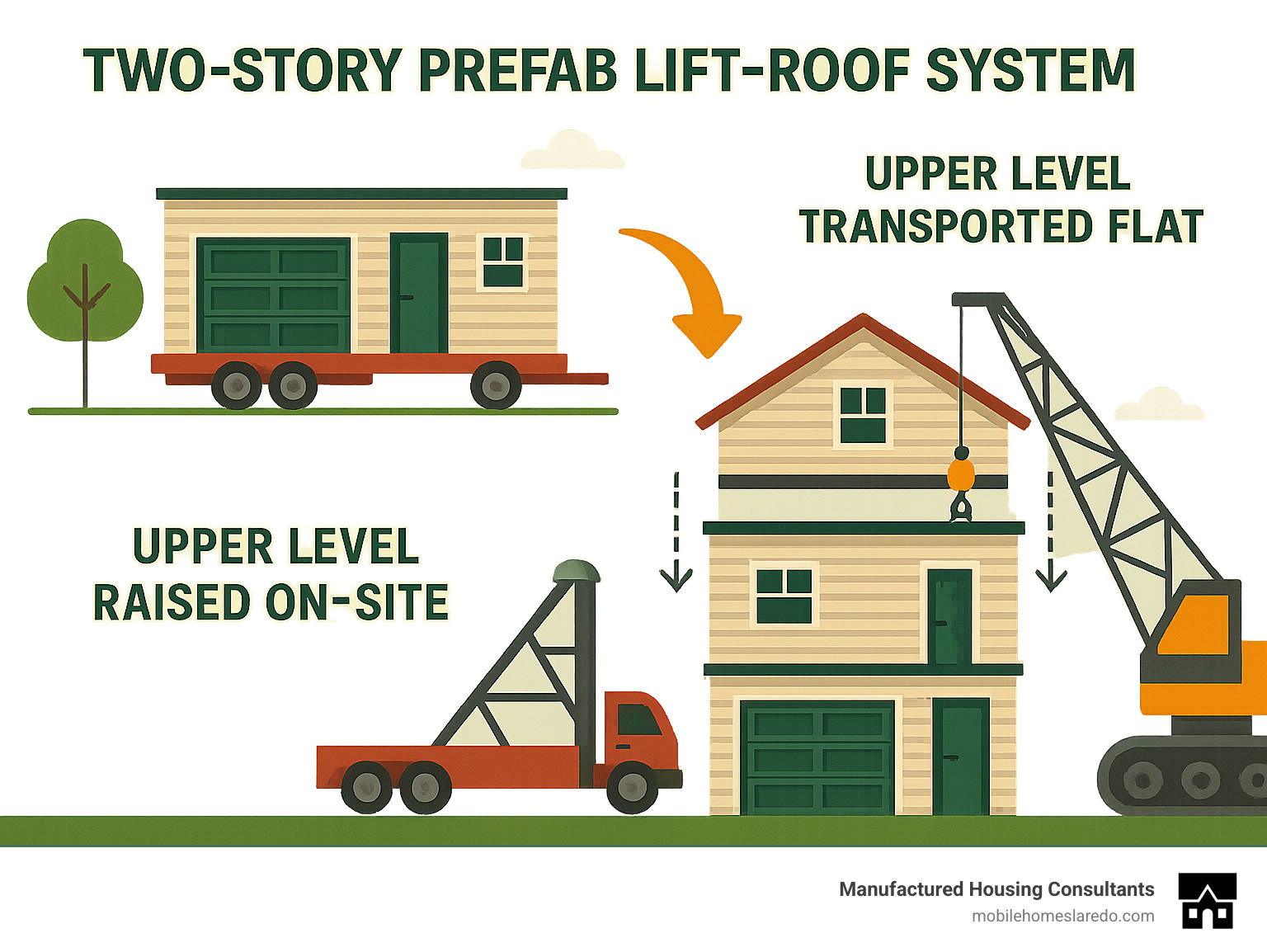 Infographic explaining the innovative two-story prefab lift-roof system, showing how the upper level is transported flat and then raised on-site using specialized lifting equipment - modular homes with garages infographic  Infographic explaining the innovative two-story prefab lift-roof system, showing how the upper level is transported flat and then raised on-site using specialized lifting equipment - modular homes with garages infographic